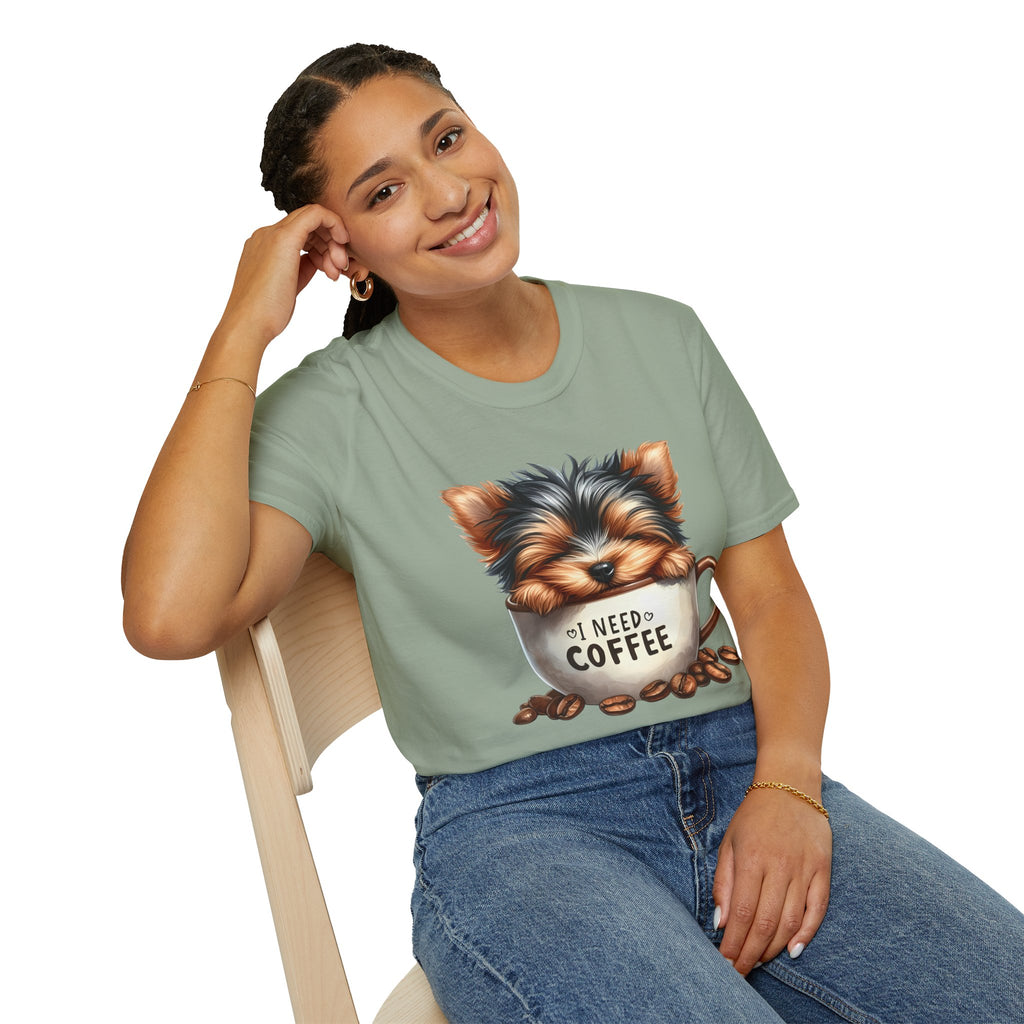 Cute Yorkie in Coffee Cup T-Shirt | I Need Coffee Puppy Graphic Tee