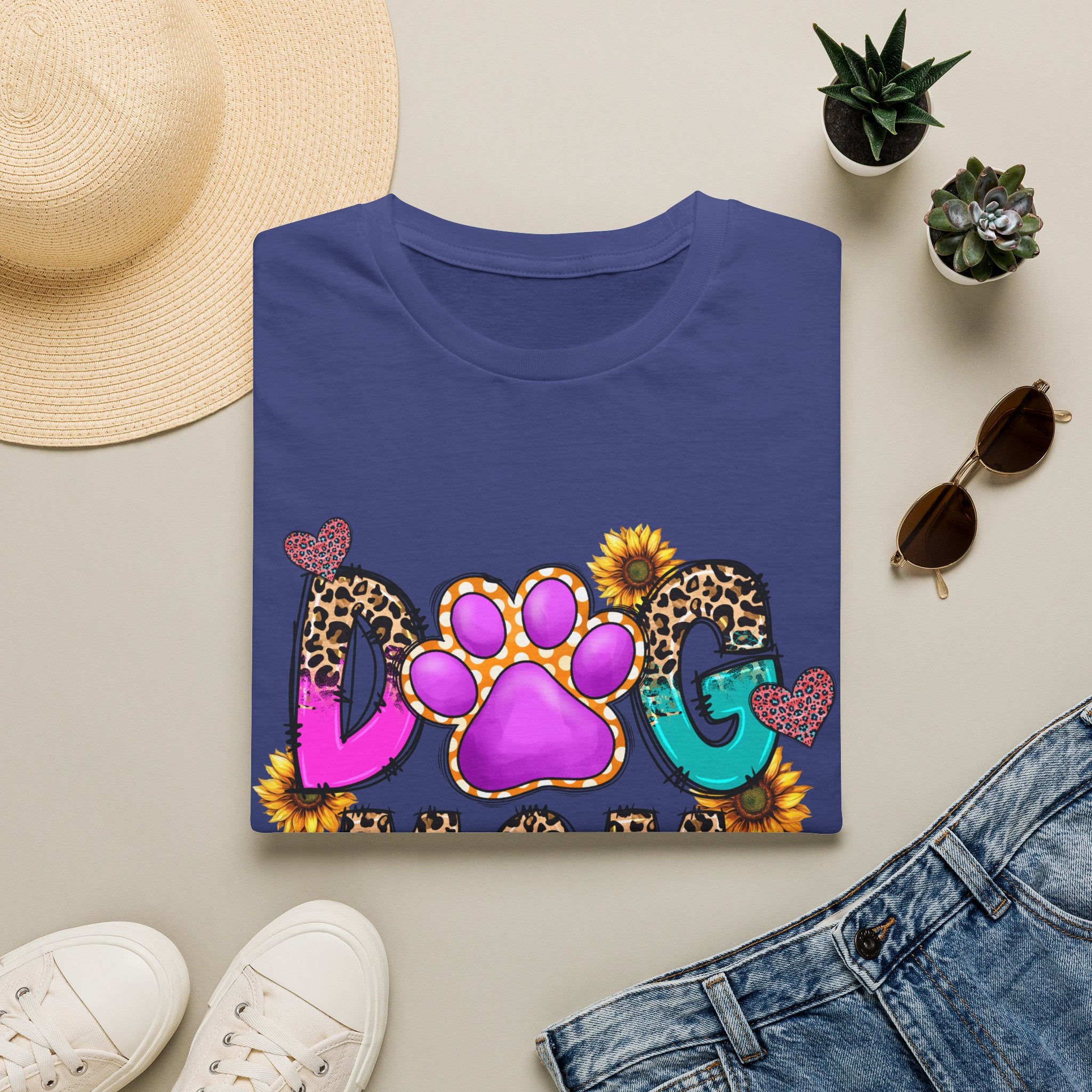 Dog Mom colorful paw print design T-Shirt | leopard hearts sunflower accents