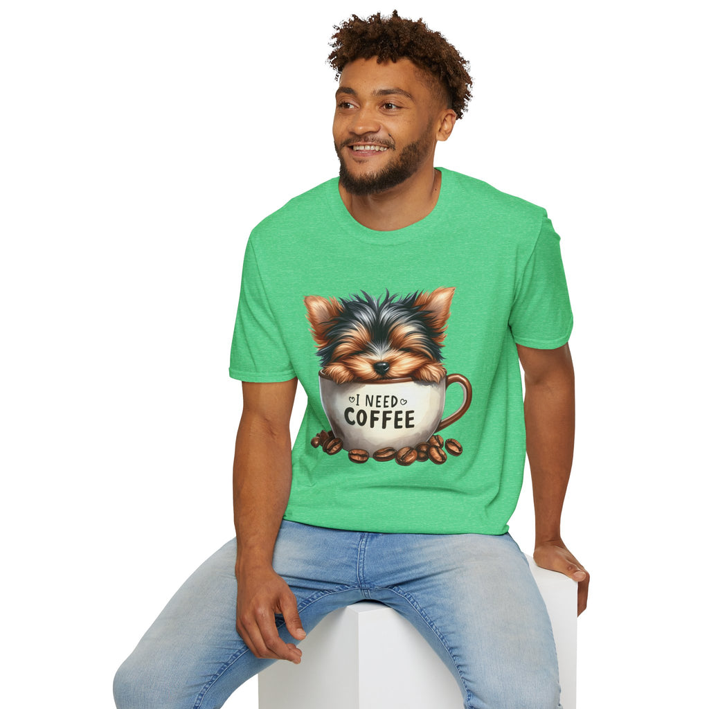 Cute Yorkie in Coffee Cup T-Shirt | I Need Coffee Puppy Graphic Tee