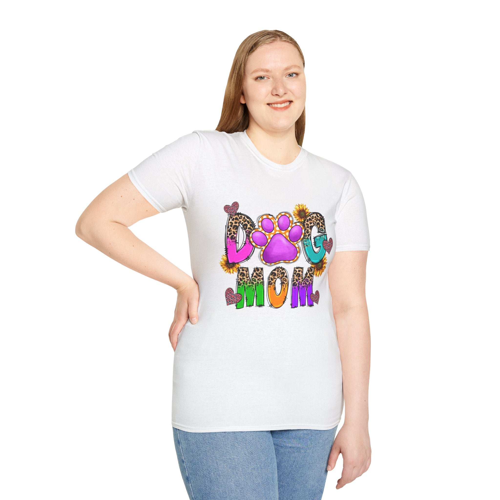 Dog Mom colorful paw print design T-Shirt | leopard hearts sunflower accents