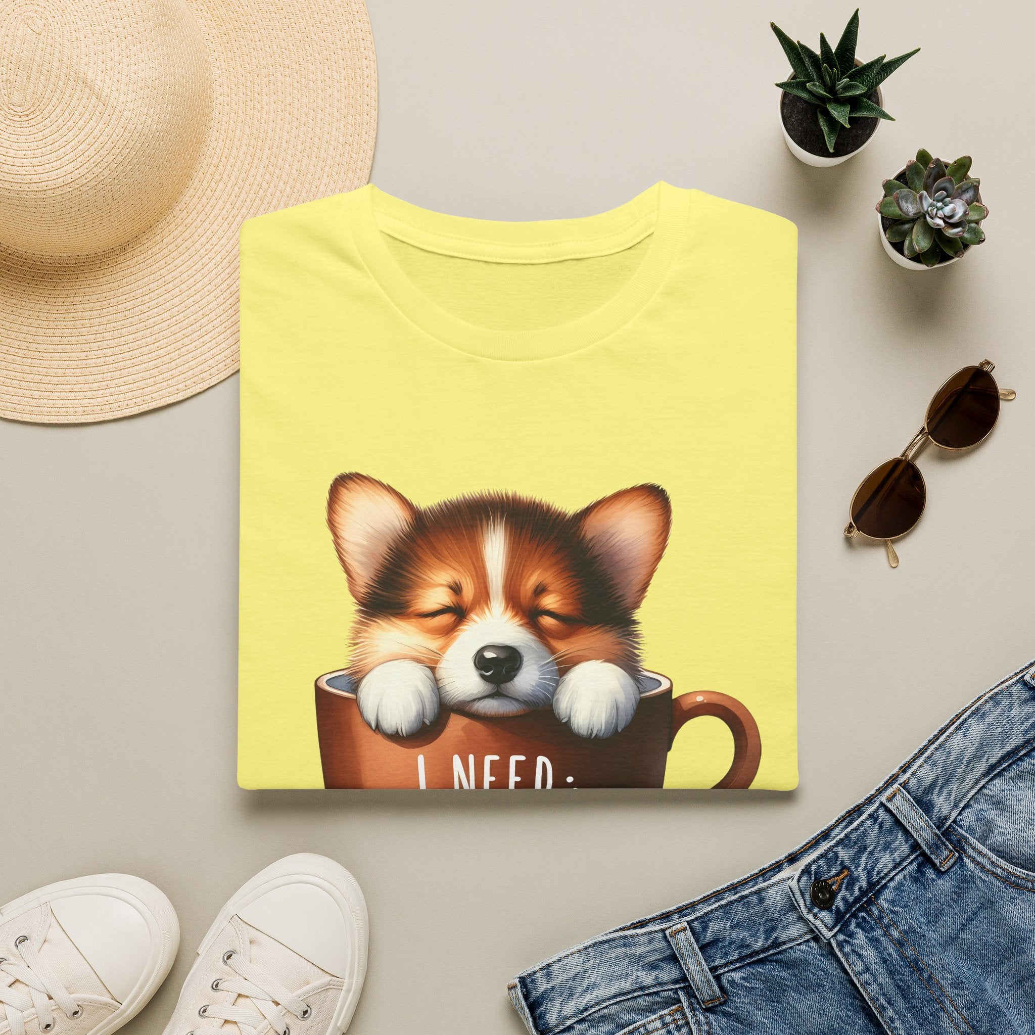 Sleeping Puppy in Coffee Cup T-Shirt | I Need Coffee, Cute Corgi Mug