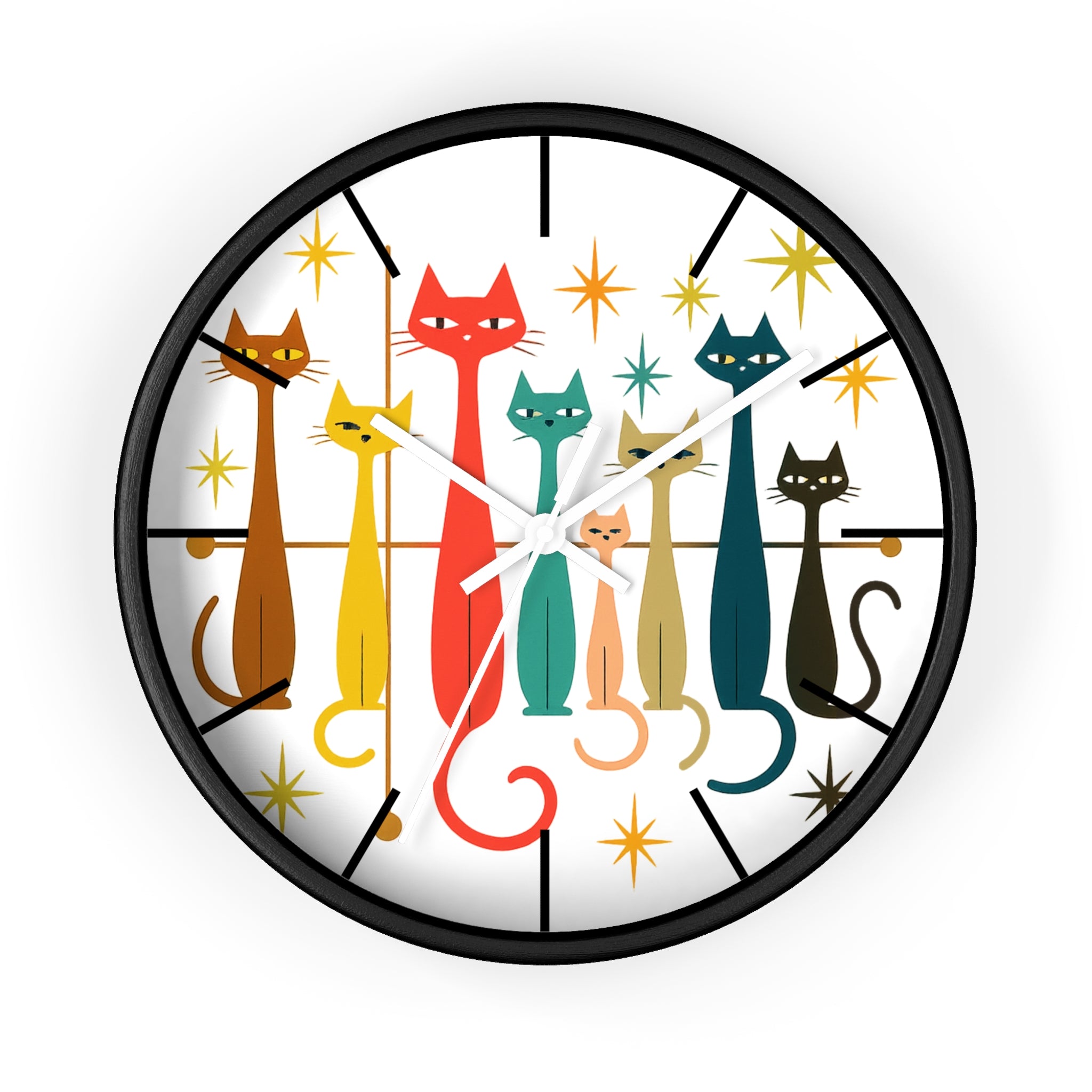 Retro Mid Century Modern Cats Wall Clock | Atomic Starburst Cat Design