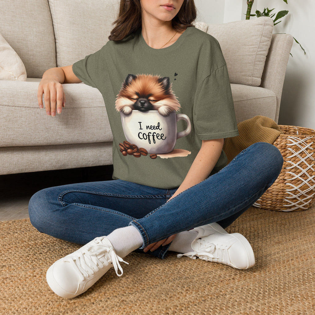 Cute Pomeranian in Coffee Mug T-Shirt | I Need Coffee, Dog Coffee Tee