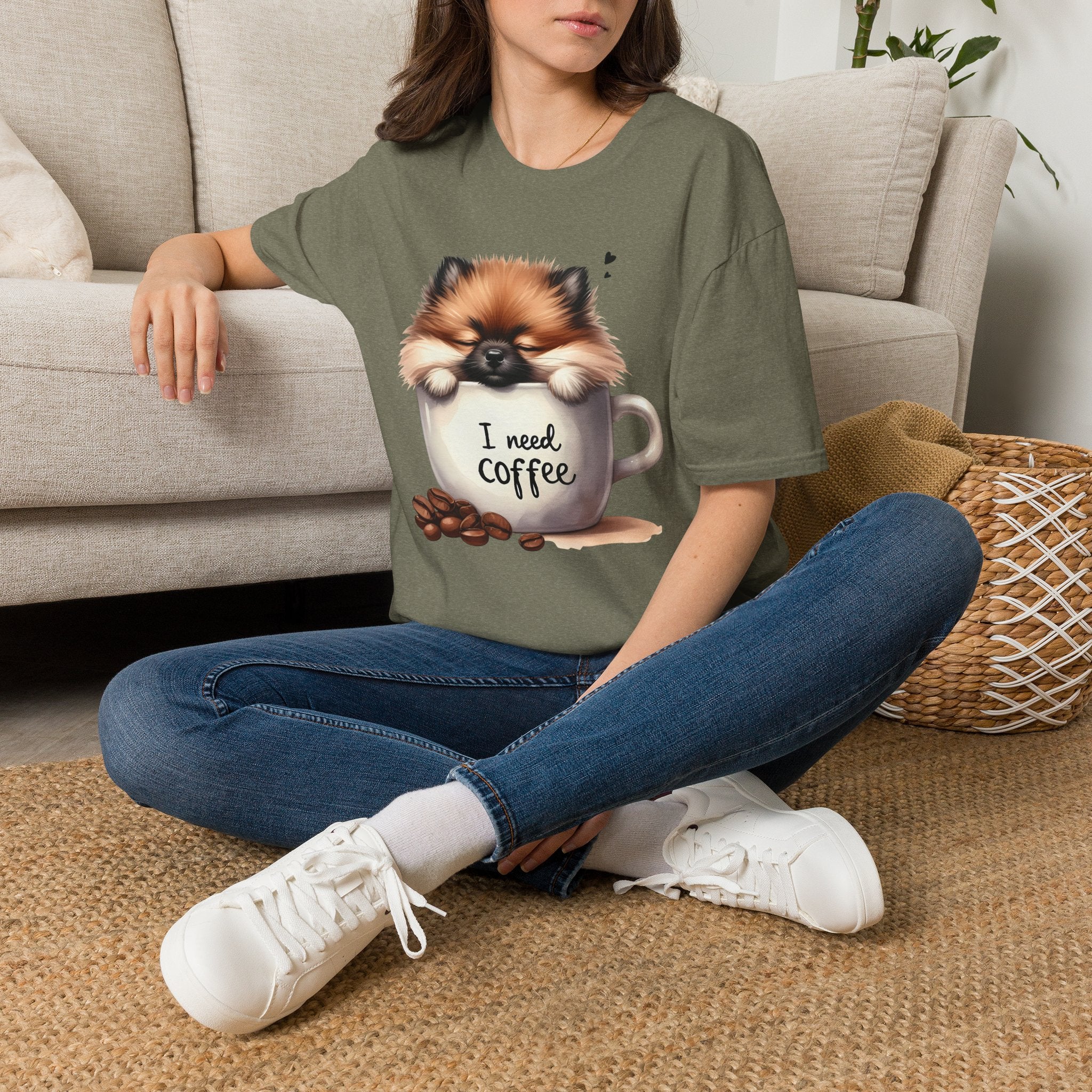 Cute Pomeranian in Coffee Mug T-Shirt | I Need Coffee, Dog Coffee Tee