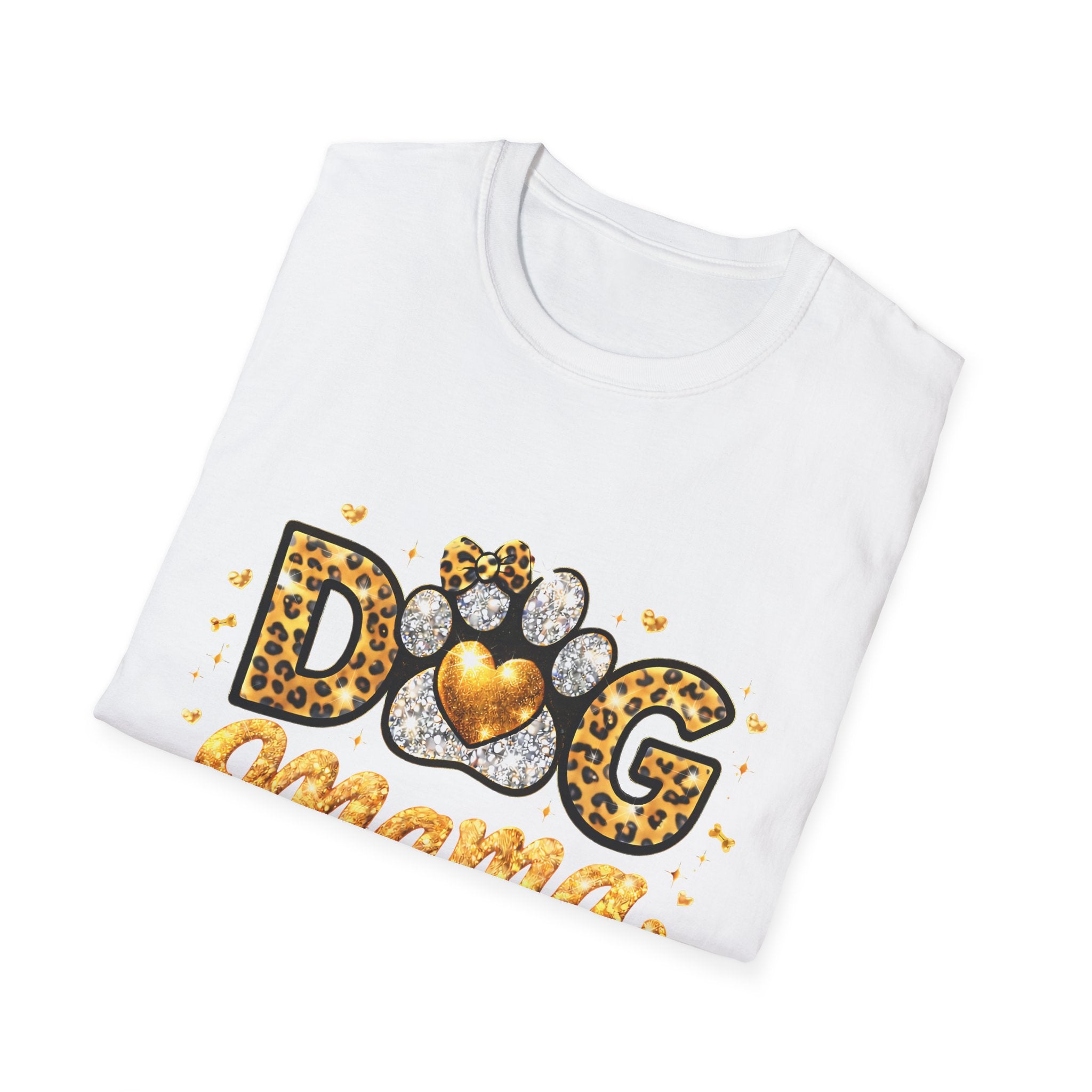 Dog Mama T-Shirt | Leopard Heart Paw Print, Gold Glitter Script