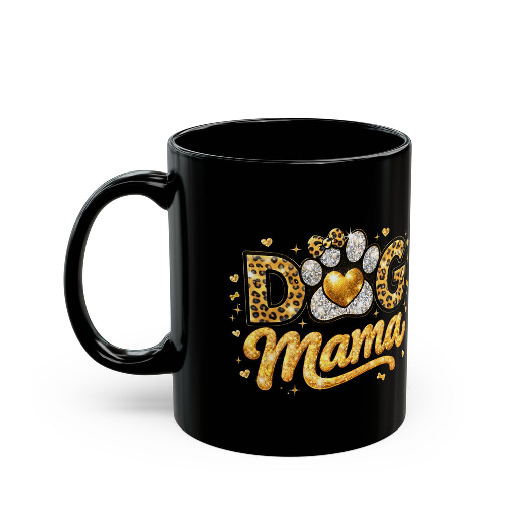 Dog Mama Black Mug | Paw Print Leopard Heart Design