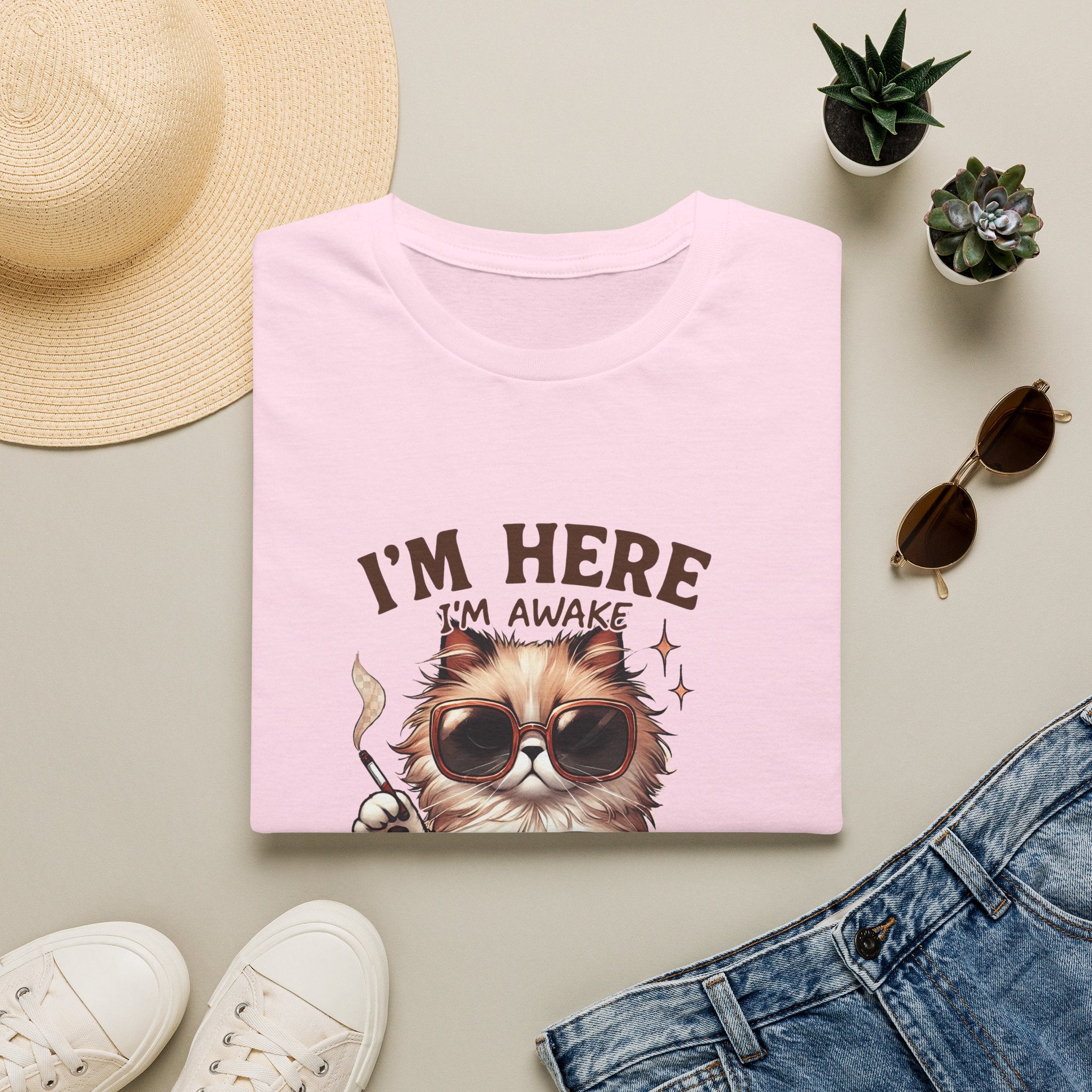 Sunglasses Cat with Coffee I'm Here I'm Awake Don't Push It T-Shirt | Funny Cat Tee