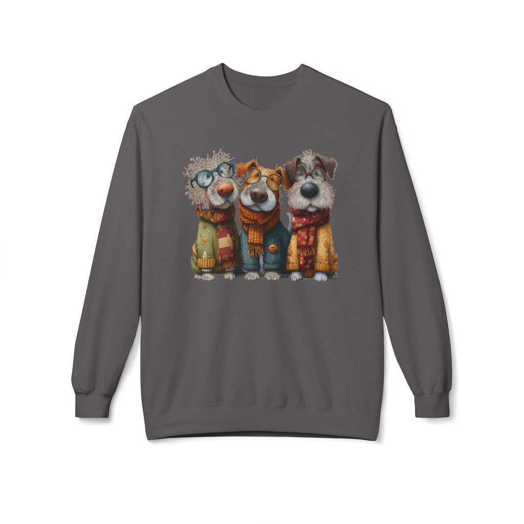 Three Cartoon Dogs in Scarves Sweatshirt | Cute Winter Pup Trio
