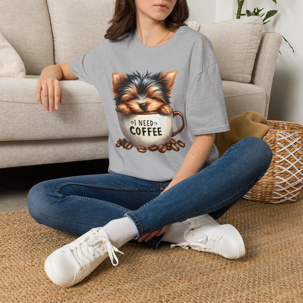 Cute Yorkie in Coffee Cup T-Shirt | I Need Coffee Puppy Graphic Tee