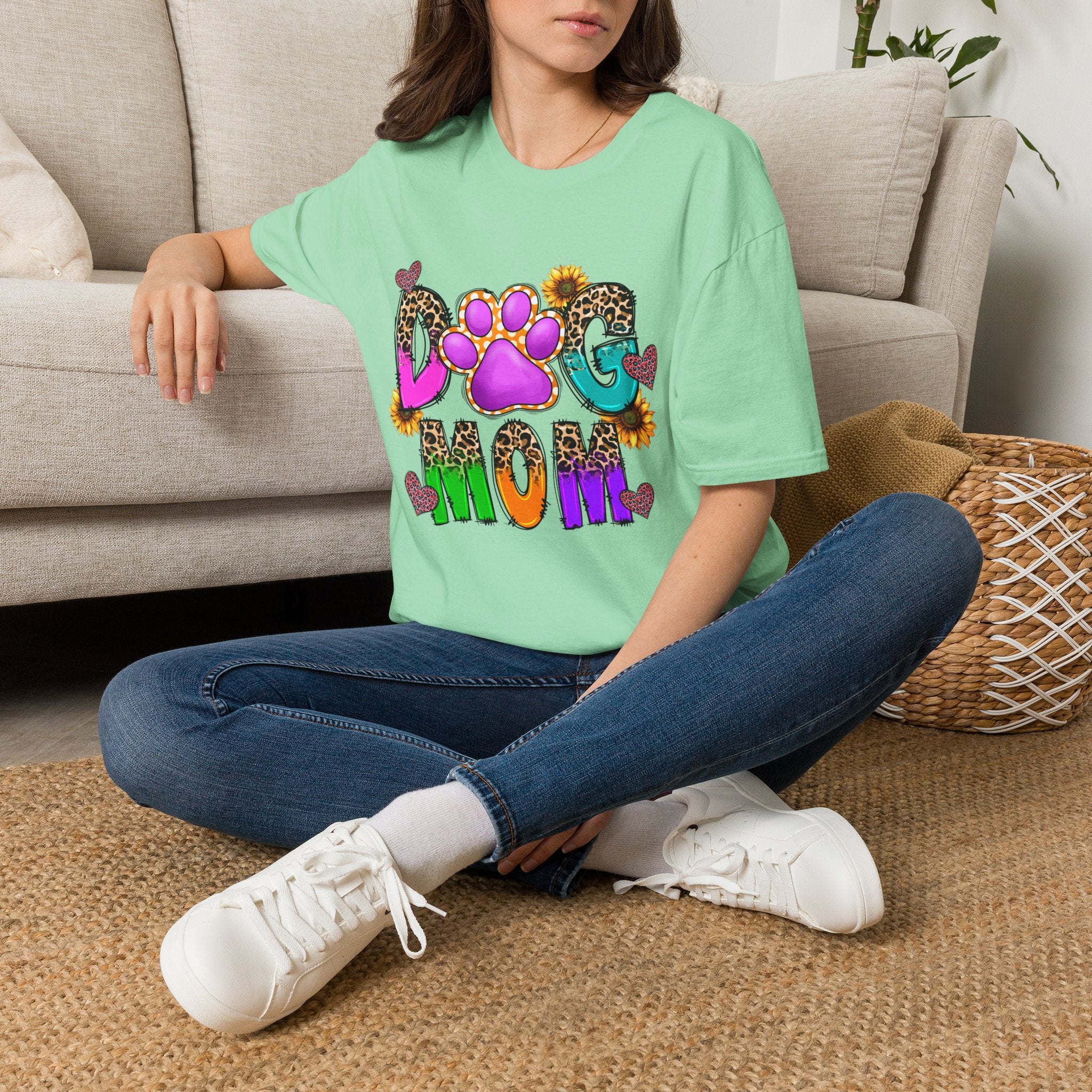 Dog Mom colorful paw print design T-Shirt | leopard hearts sunflower accents