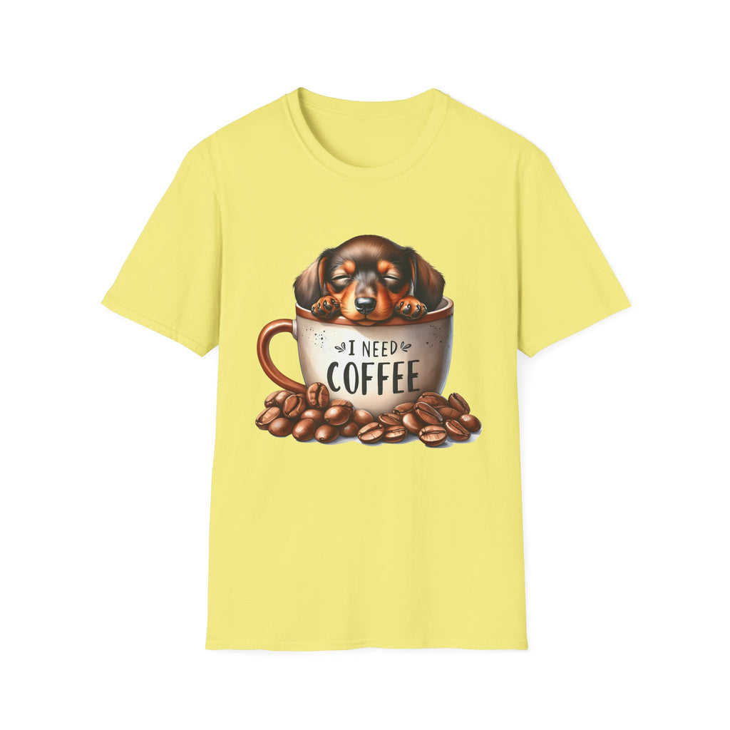 Sleepy Dachshund in Coffee Cup T-Shirt | I Need Coffee, Coffee Beans