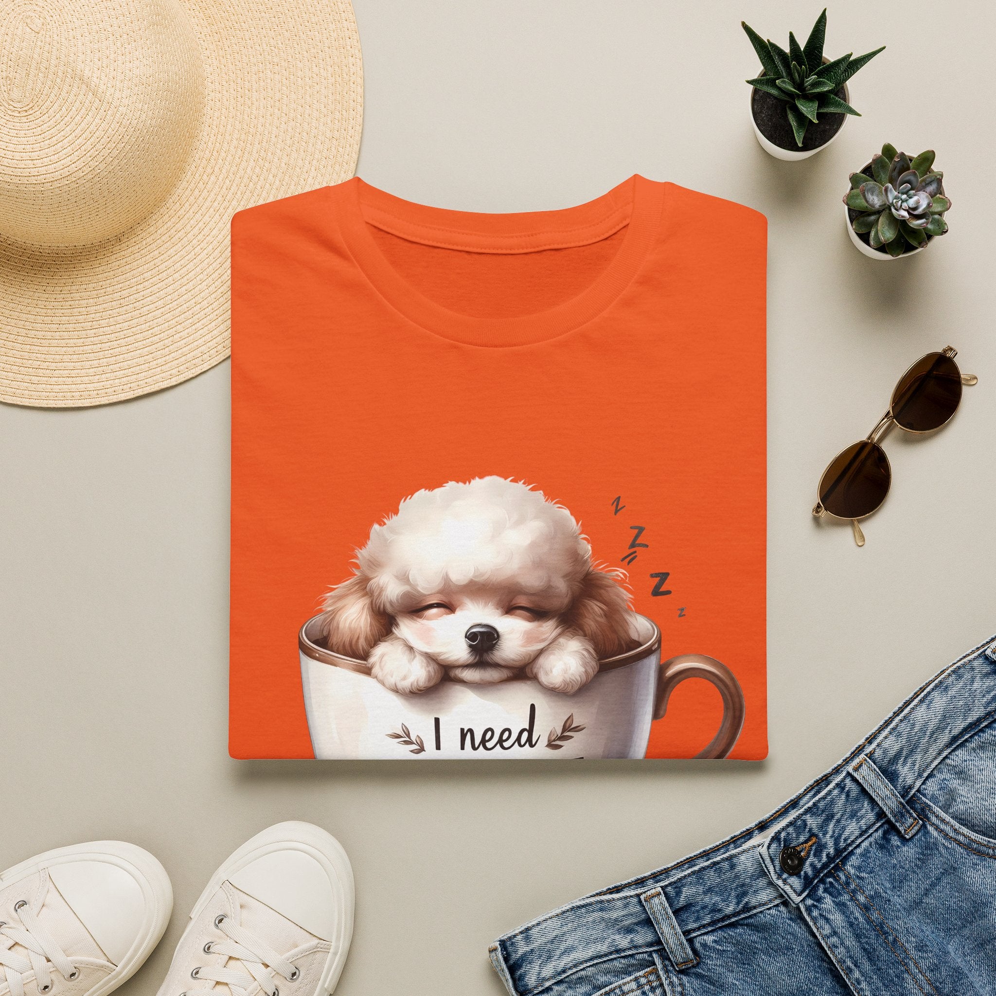 Sleeping Puppy in Coffee Cup T-Shirt | I Need Coffee Dog Design