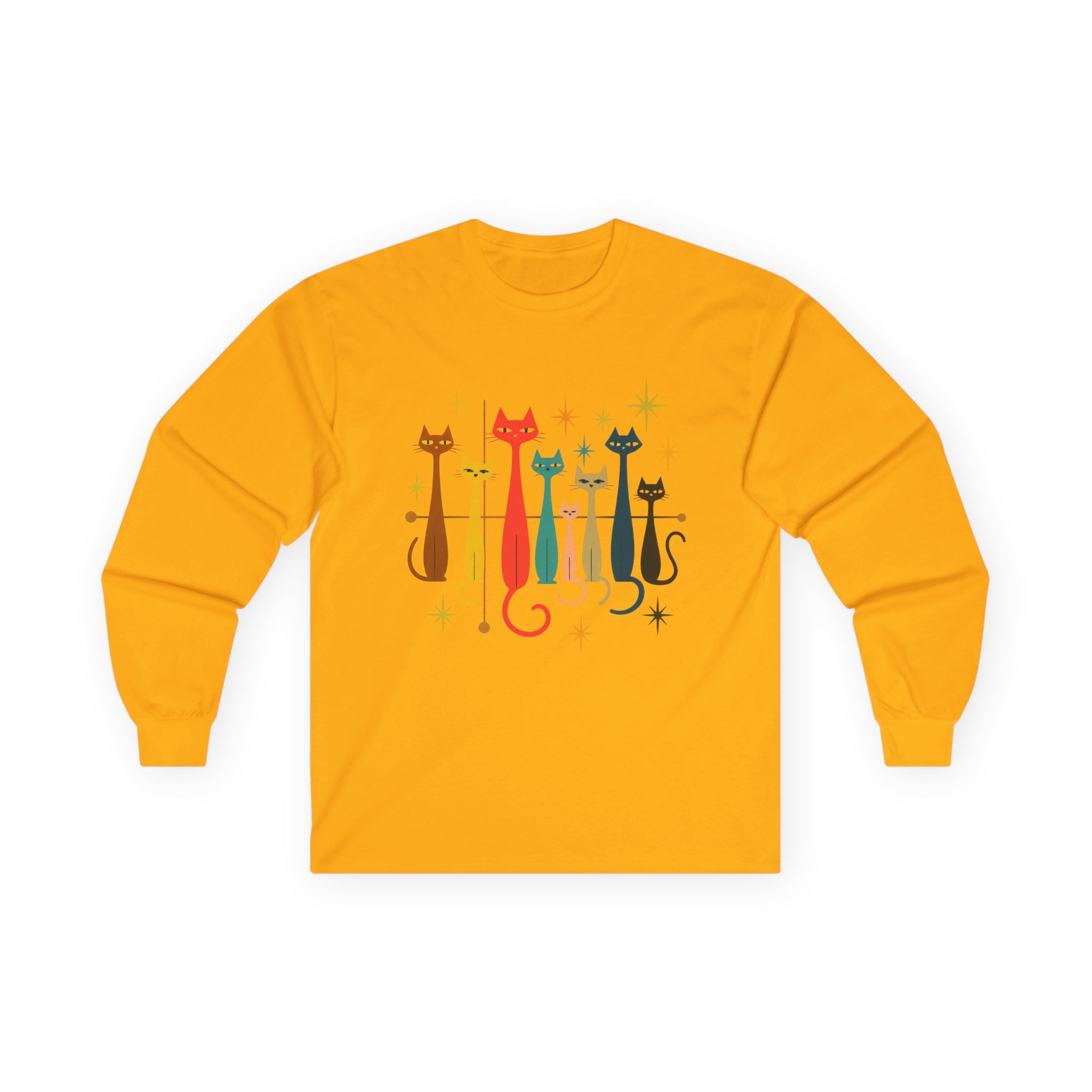 Retro Colorful Cats 1950s 1960s Long Sleeve Tee | Mid-Century Modern Kitty Illustration