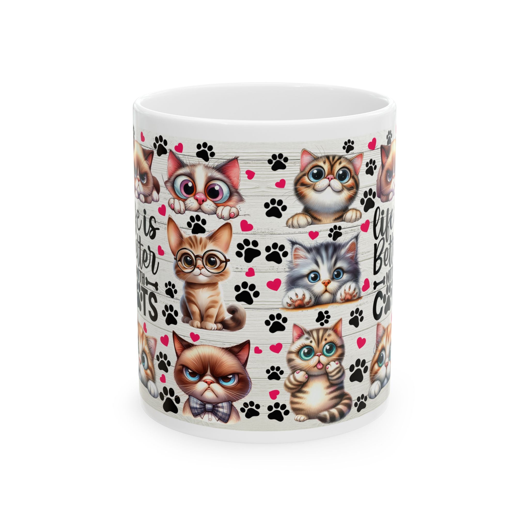 Cute Cartoon Cats Mug | Cute Cat Faces, Paw Prints Pattern Ceramic Mug