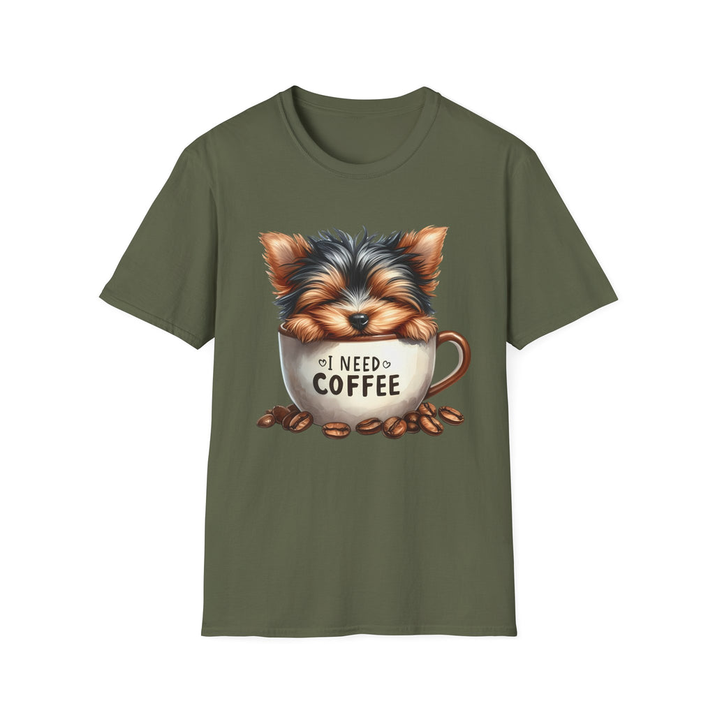 Cute Yorkie in Coffee Cup T-Shirt | I Need Coffee Puppy Graphic Tee