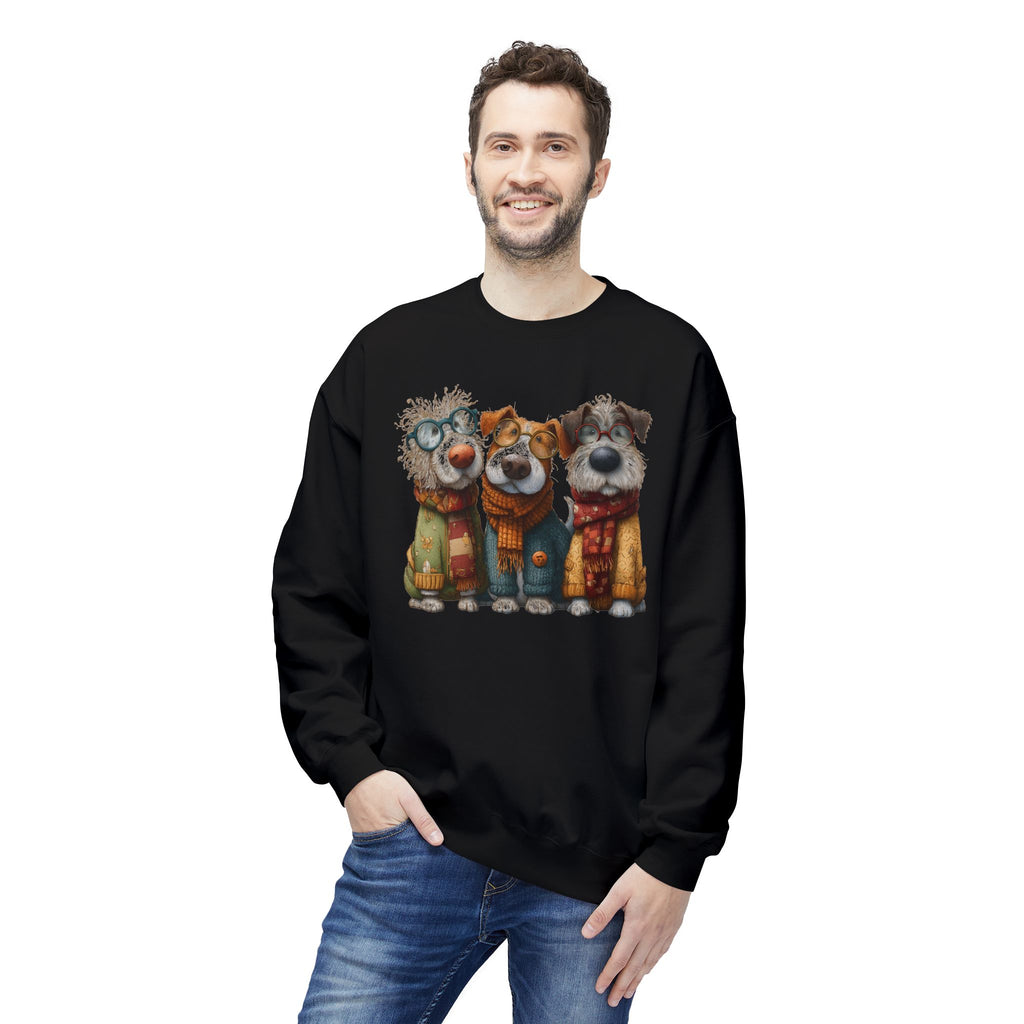 Three Cartoon Dogs in Scarves Sweatshirt | Cute Winter Pup Trio