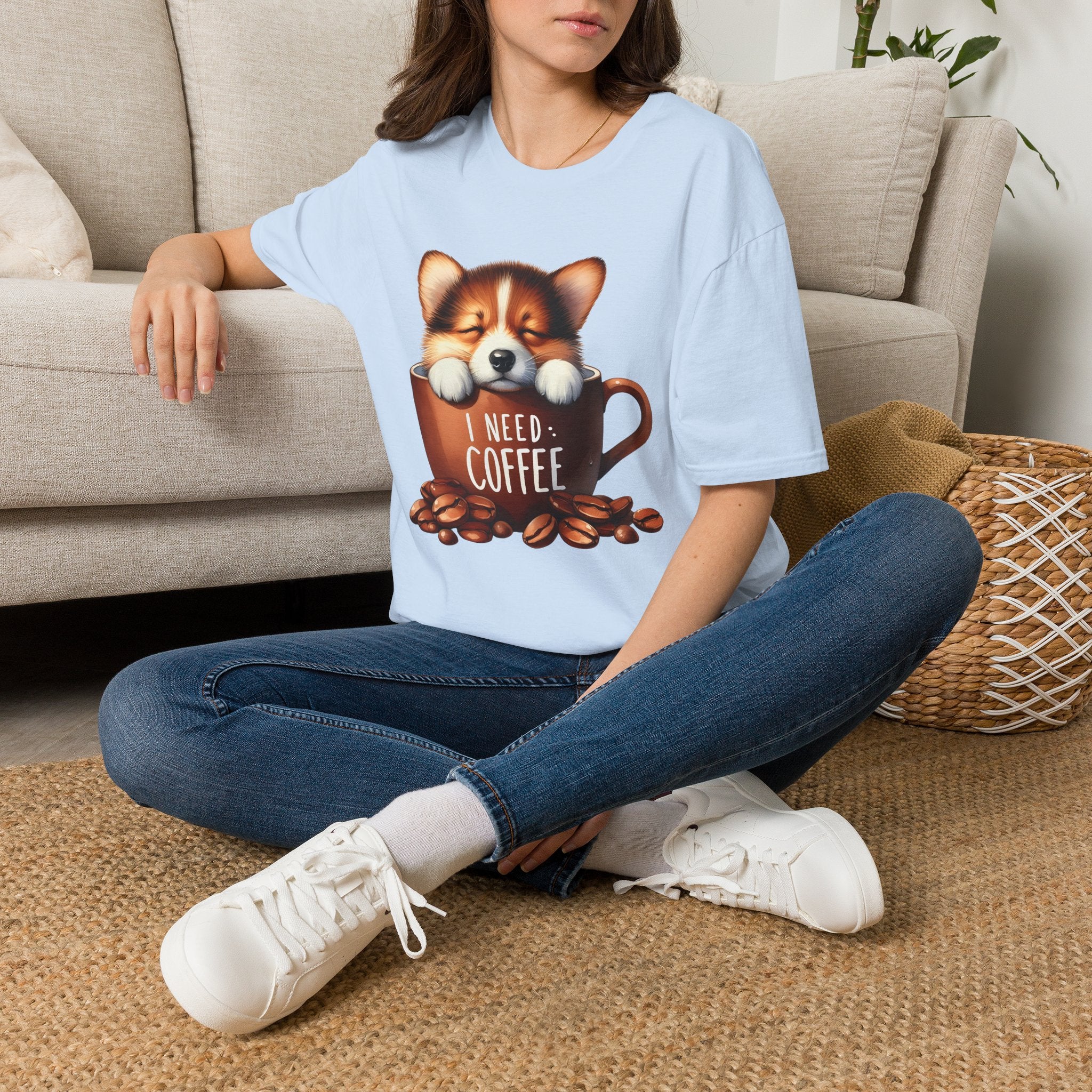 Sleeping Puppy in Coffee Cup T-Shirt | I Need Coffee, Cute Corgi Mug