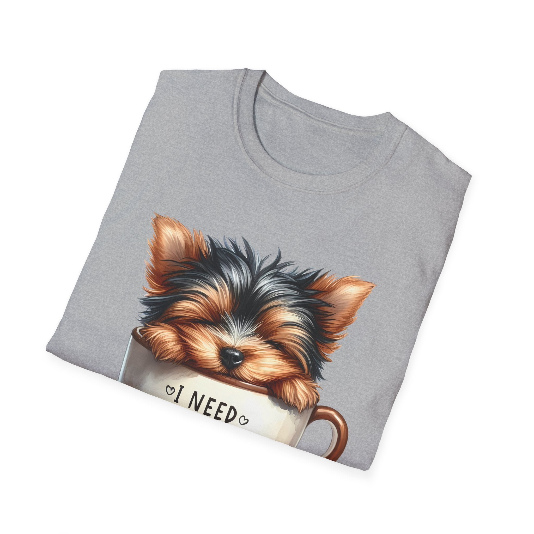 Cute Yorkie in Coffee Cup T-Shirt | I Need Coffee Puppy Graphic Tee