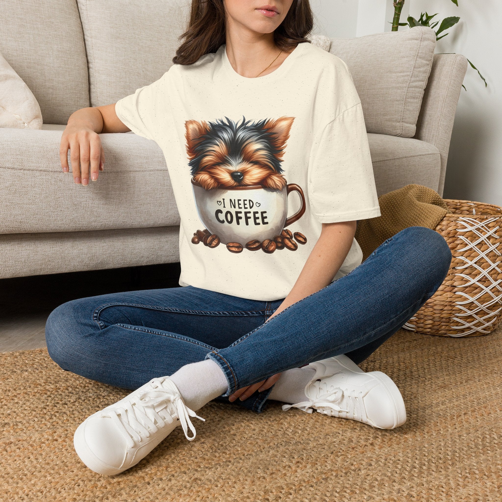 Cute Yorkie in Coffee Cup T-Shirt | I Need Coffee Puppy Graphic Tee