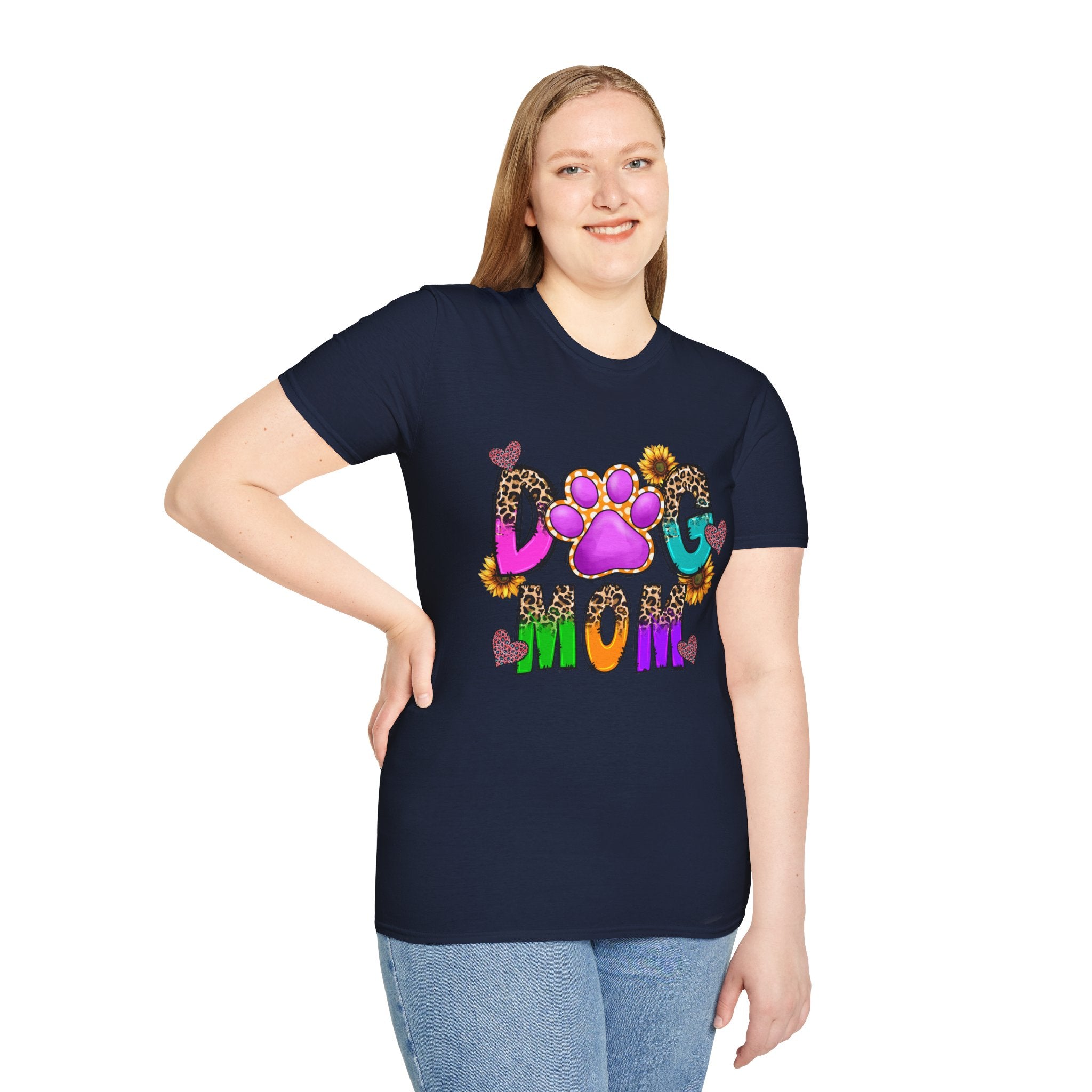 Dog Mom colorful paw print design T-Shirt | leopard hearts sunflower accents
