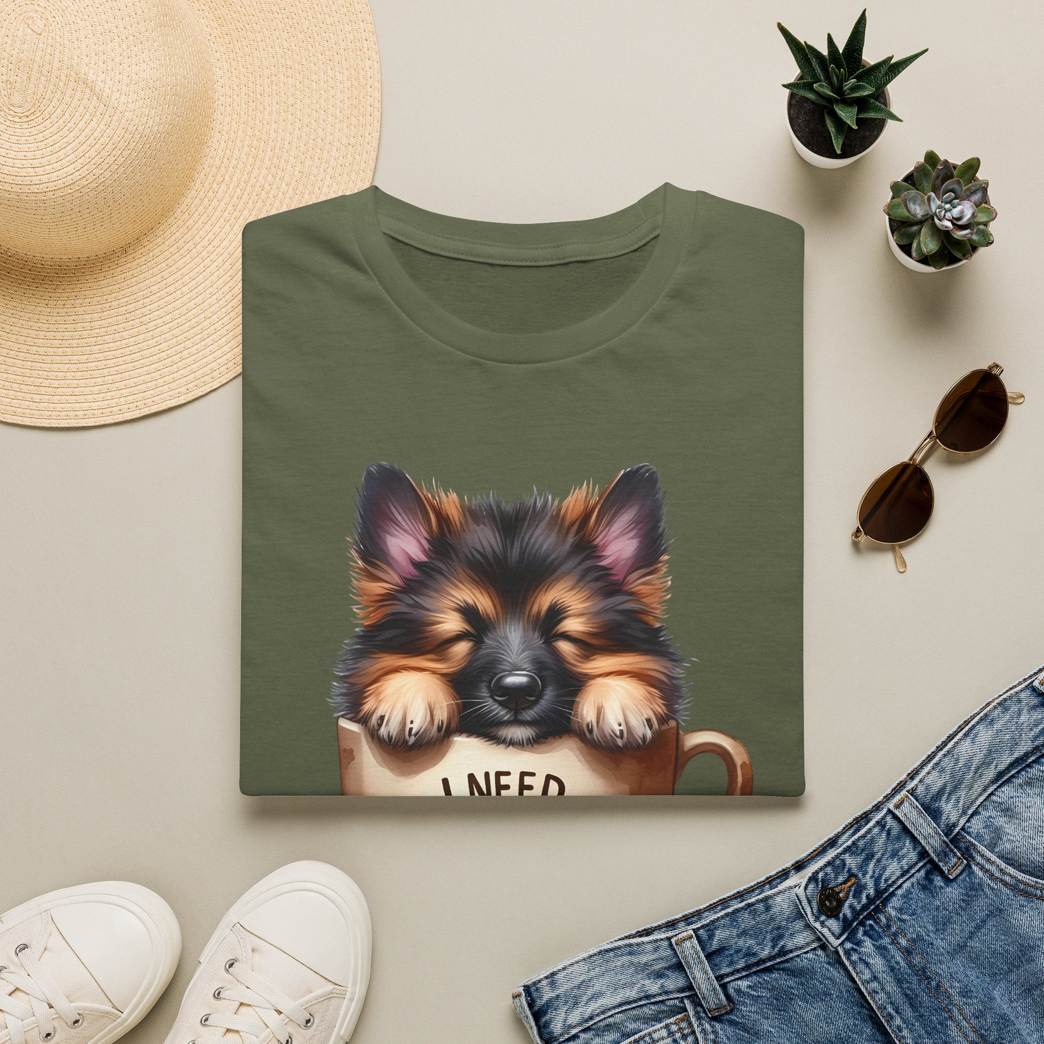 German Shepherd Puppy I Need Coffee T-Shirt | Cute Dog Coffee Design