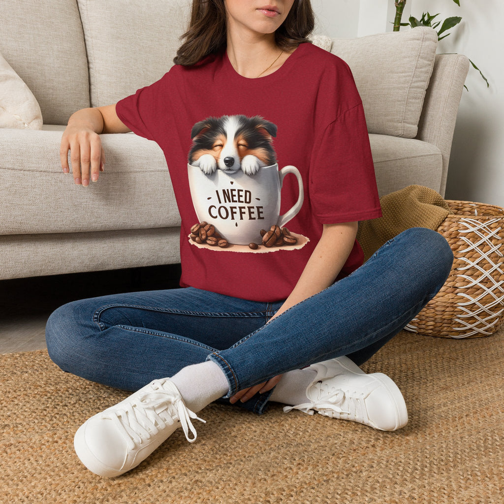 I Need Coffee Dog T-Shirt | Coffee Cup, Shetland Sheepdog Illustration
