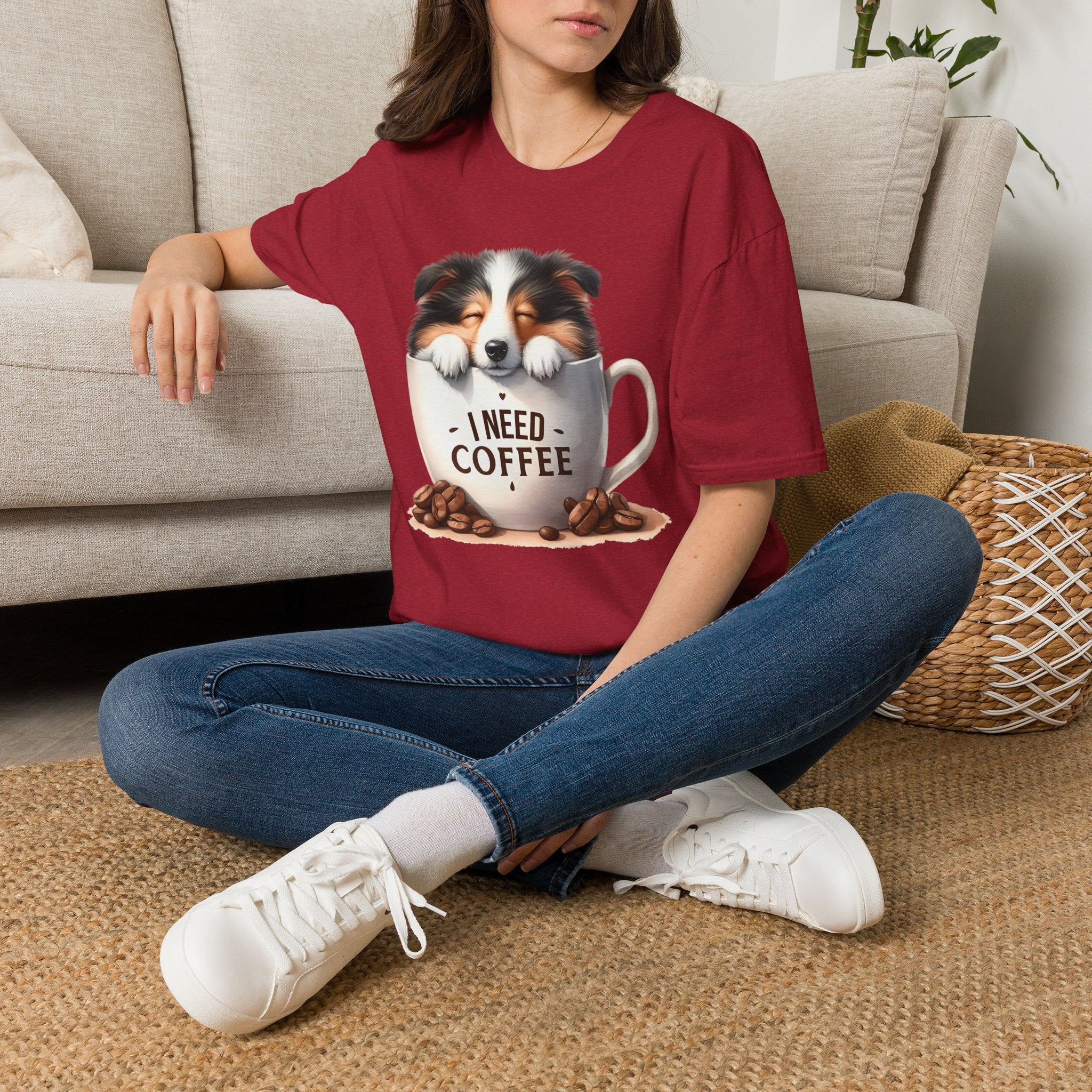 I Need Coffee Dog T-Shirt | Coffee Cup, Shetland Sheepdog Illustration
