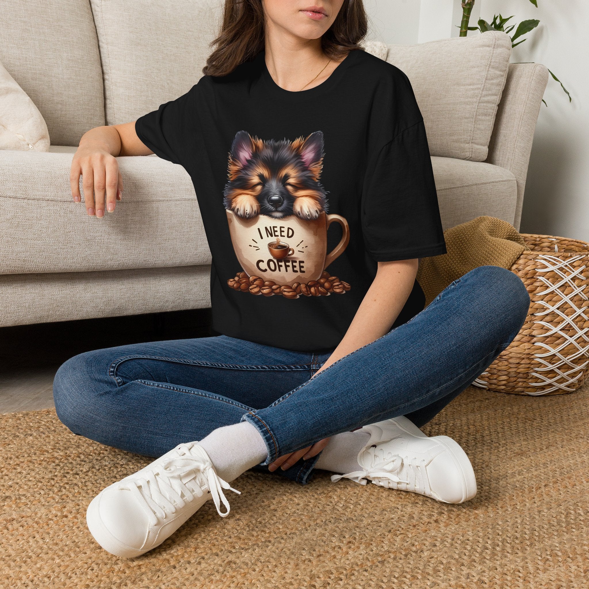 German Shepherd Puppy I Need Coffee T-Shirt | Cute Dog Coffee Design