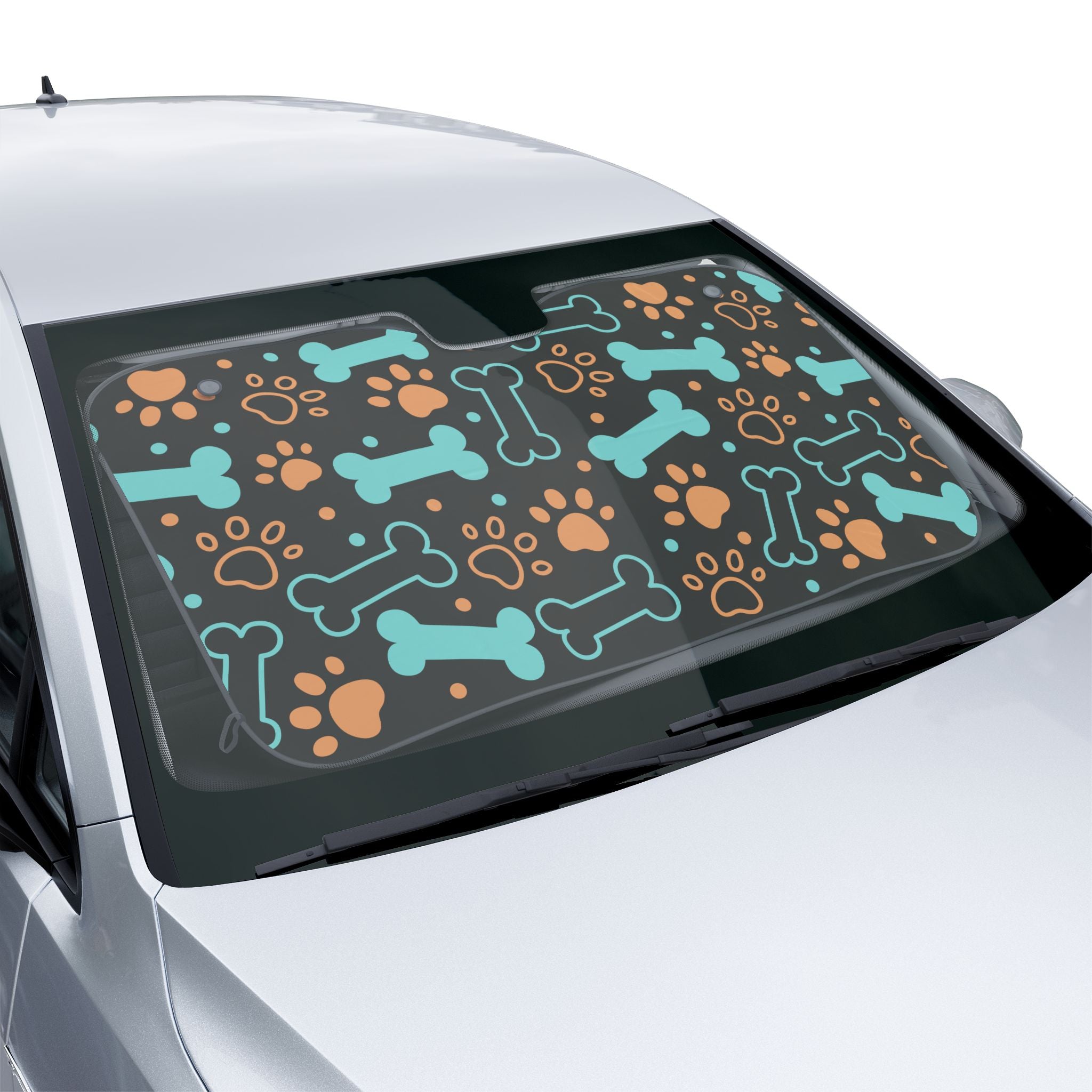 Dog Bone and Paw Print Car Sun Shade | Pet Pattern Windshield Cover