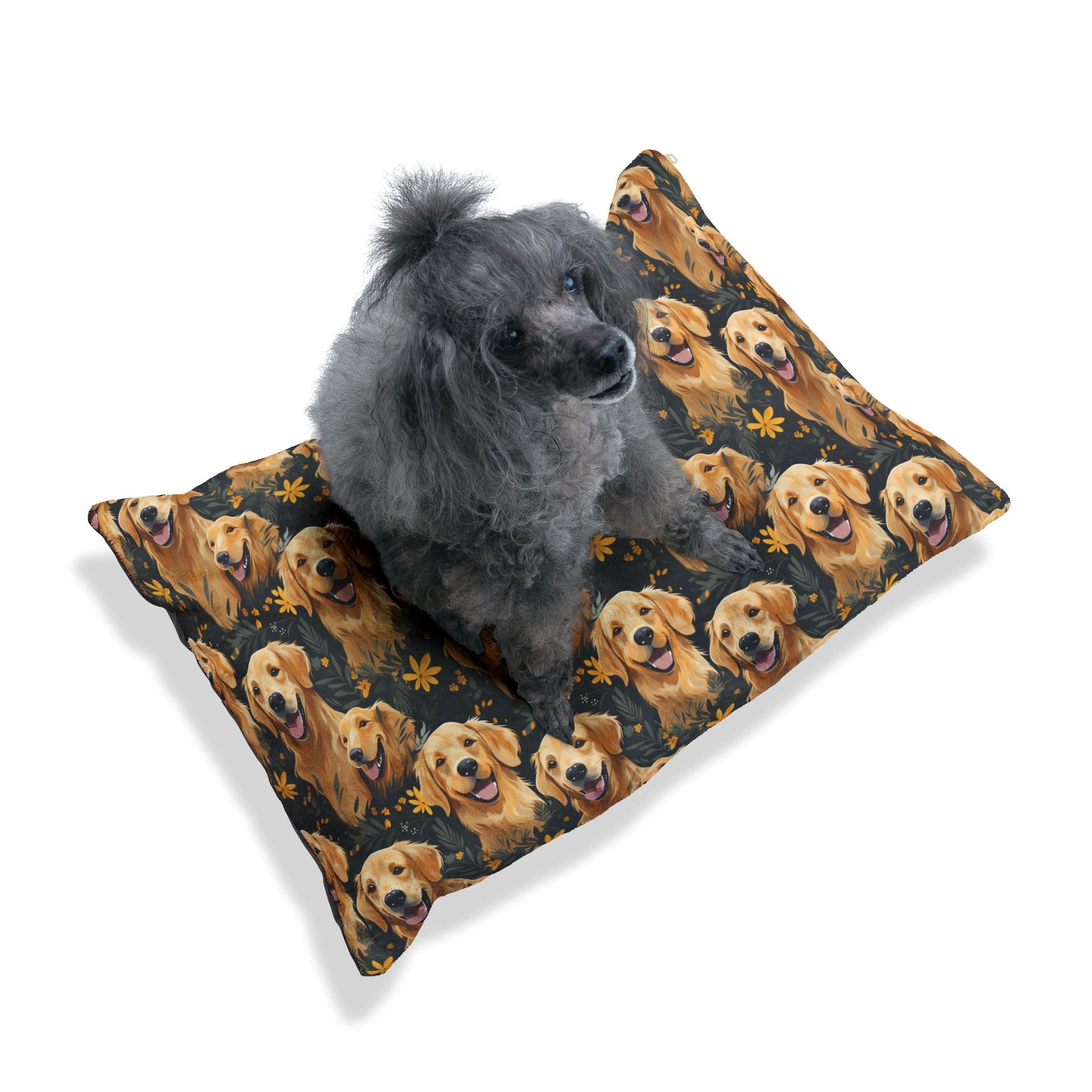 Golden Retriever Pattern Pet Bed | Dog Print, Floral Accents