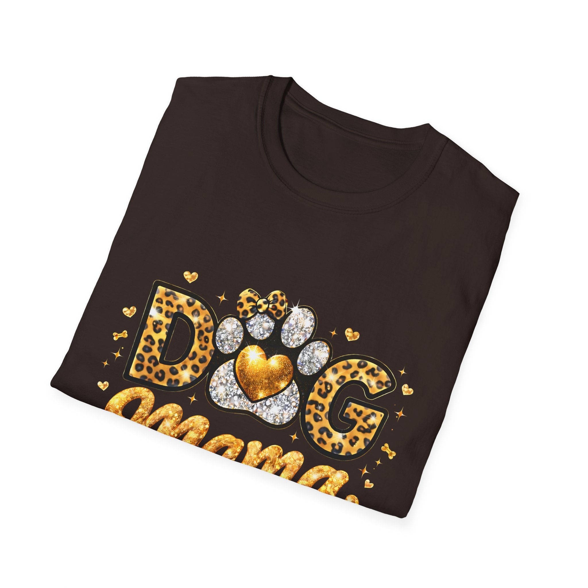 Dog Mama T-Shirt | Leopard Heart Paw Print, Gold Glitter Script