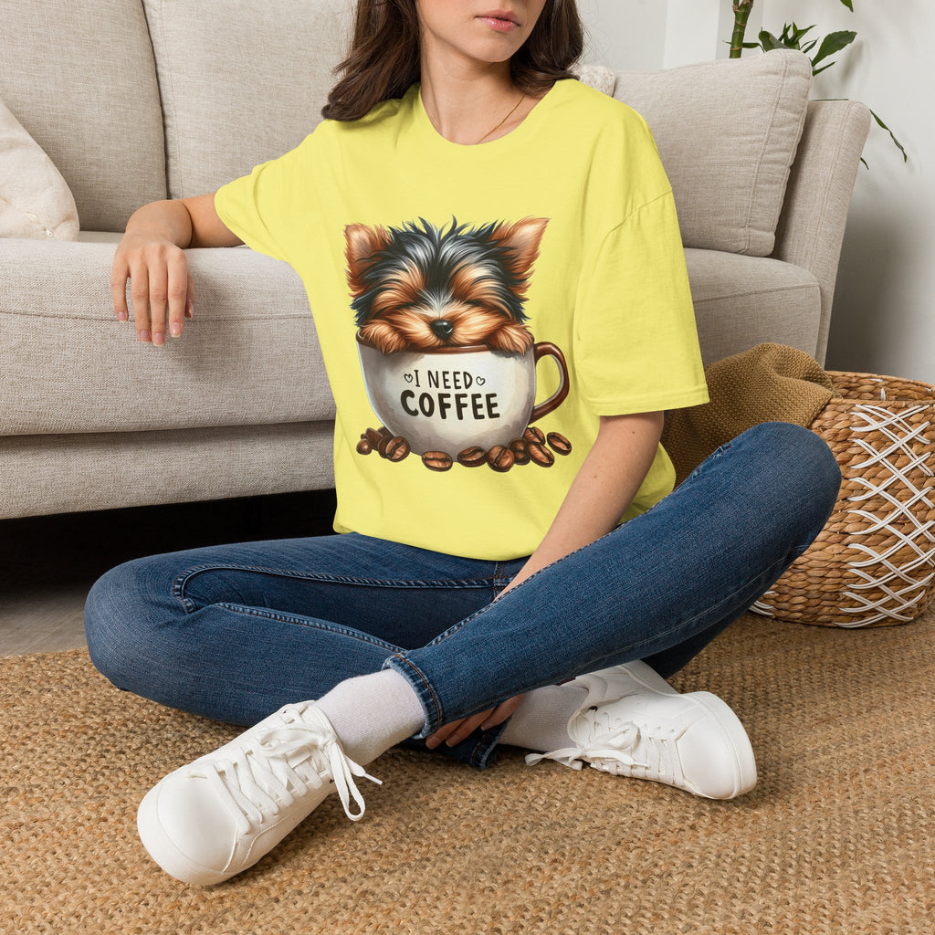 Cute Yorkie in Coffee Cup T-Shirt | I Need Coffee Puppy Graphic Tee