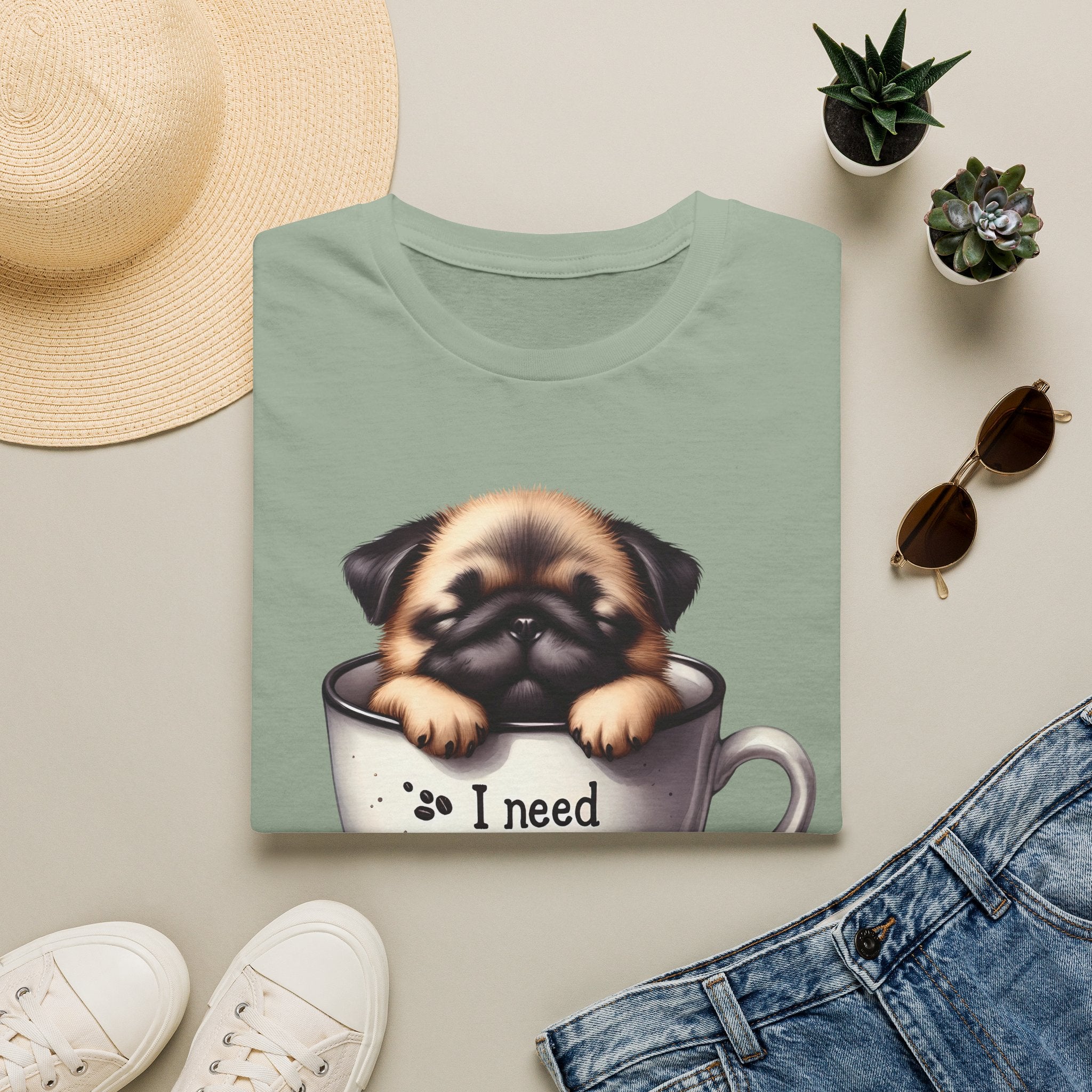 Puppy in Coffee Cup I Need Coffee T-Shirt | Cute Pug Coffee Tee