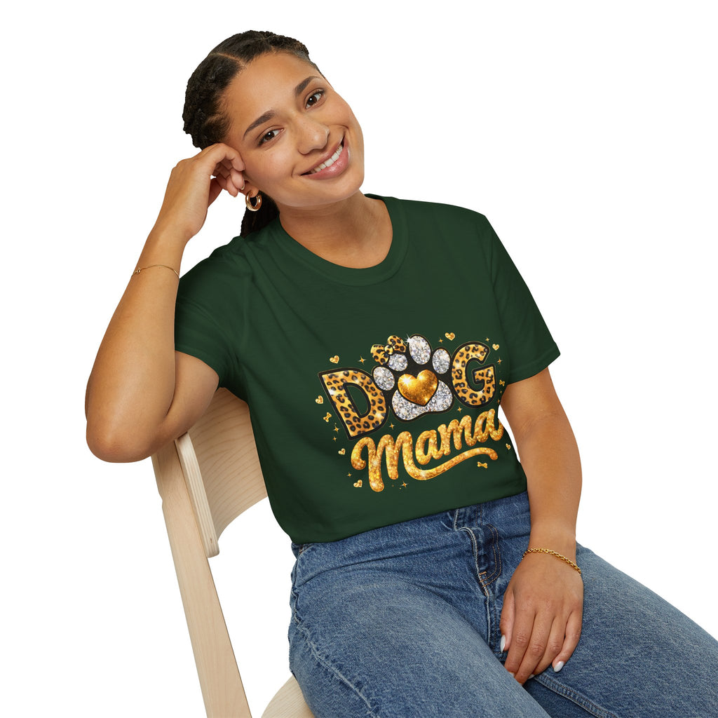 Dog Mama T-Shirt | Leopard Heart Paw Print, Gold Glitter Script