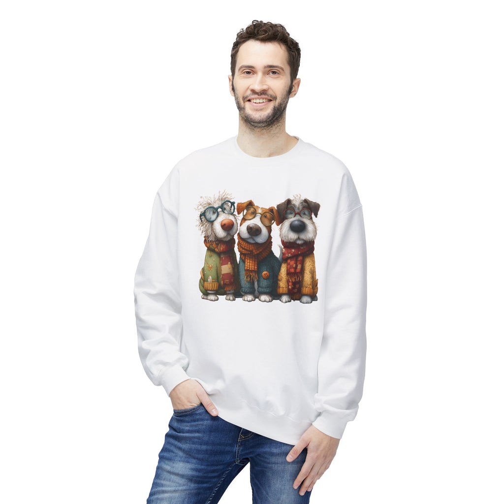Three Cartoon Dogs in Scarves Sweatshirt | Cute Winter Pup Trio