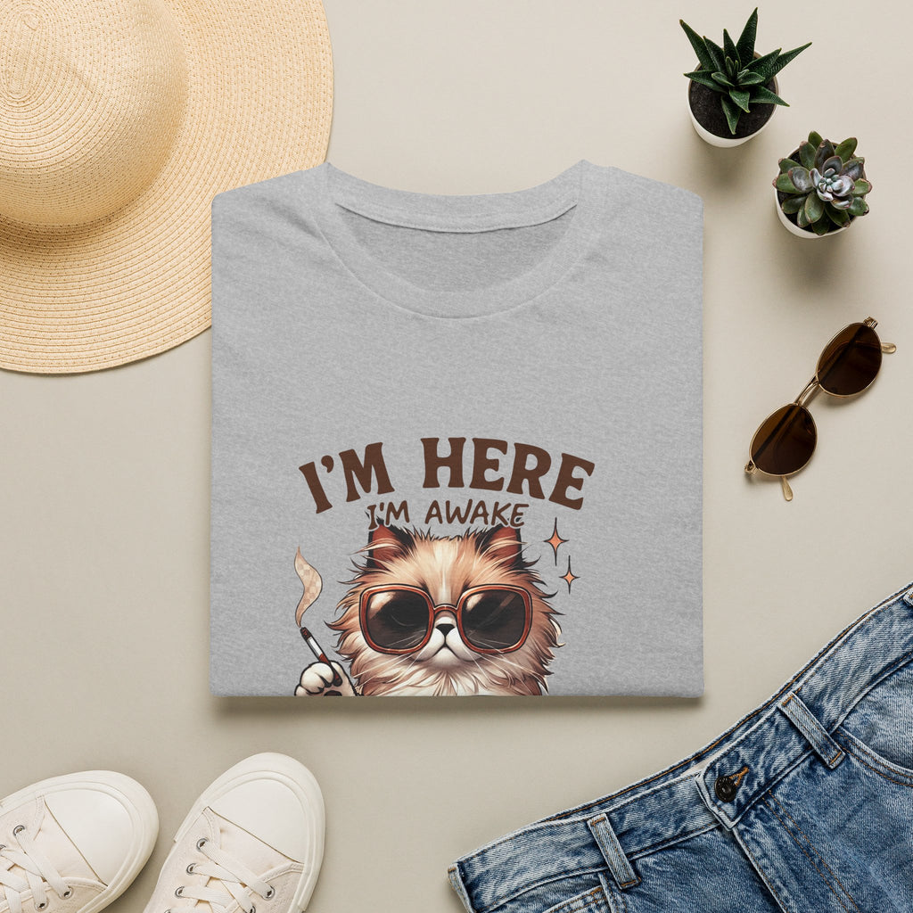 Sunglasses Cat with Coffee I'm Here I'm Awake Don't Push It T-Shirt | Funny Cat Tee