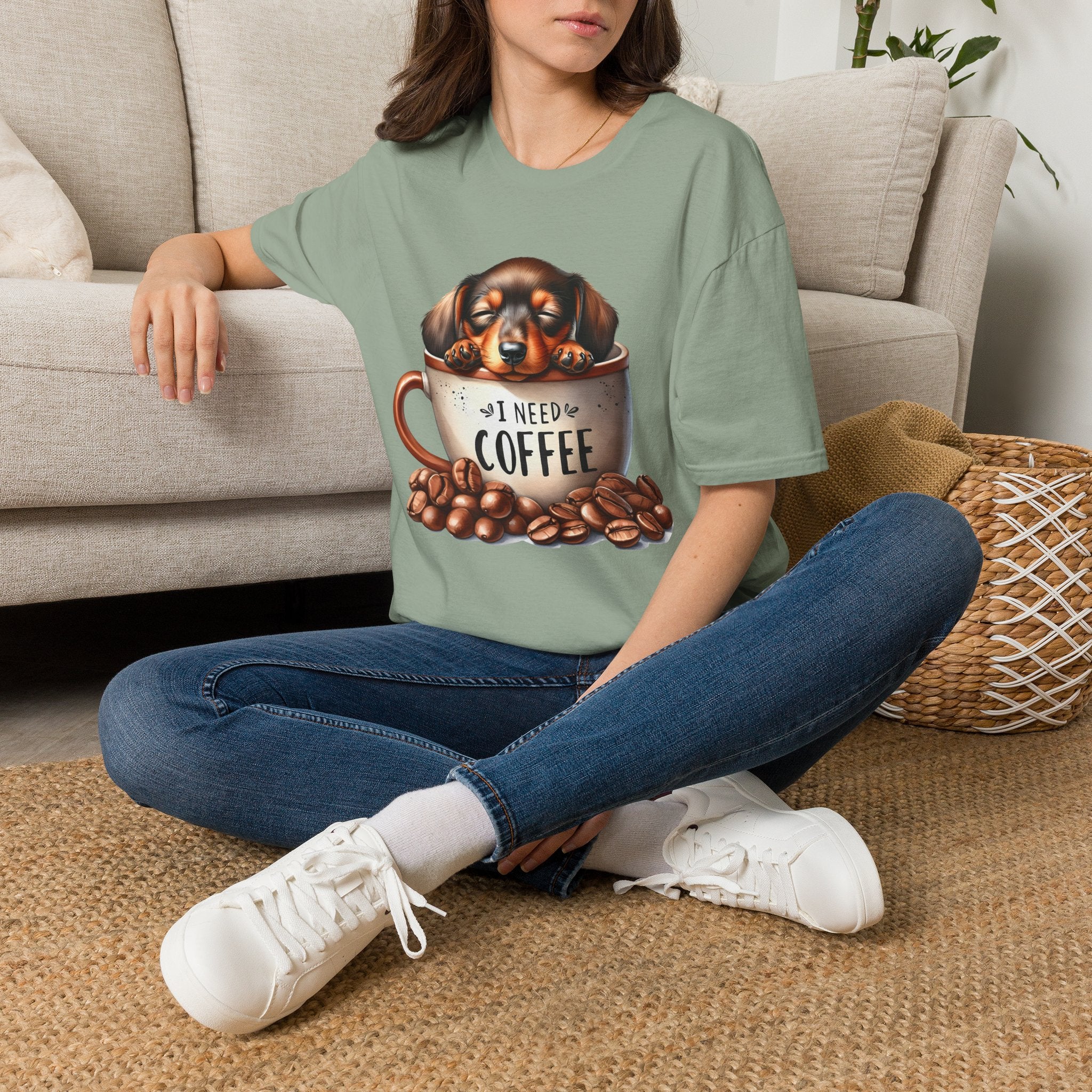 Sleepy Dachshund in Coffee Cup T-Shirt | I Need Coffee, Coffee Beans