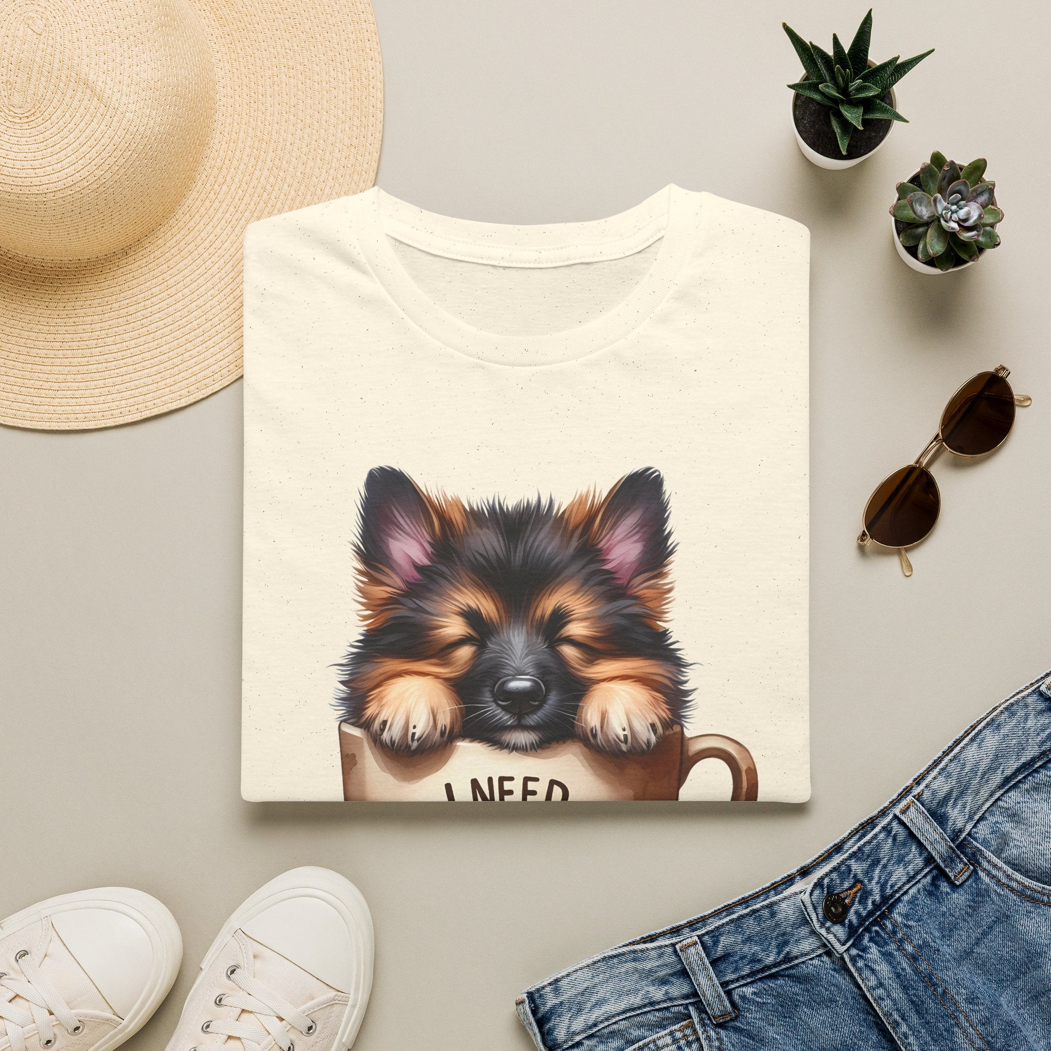 German Shepherd Puppy I Need Coffee T-Shirt | Cute Dog Coffee Design