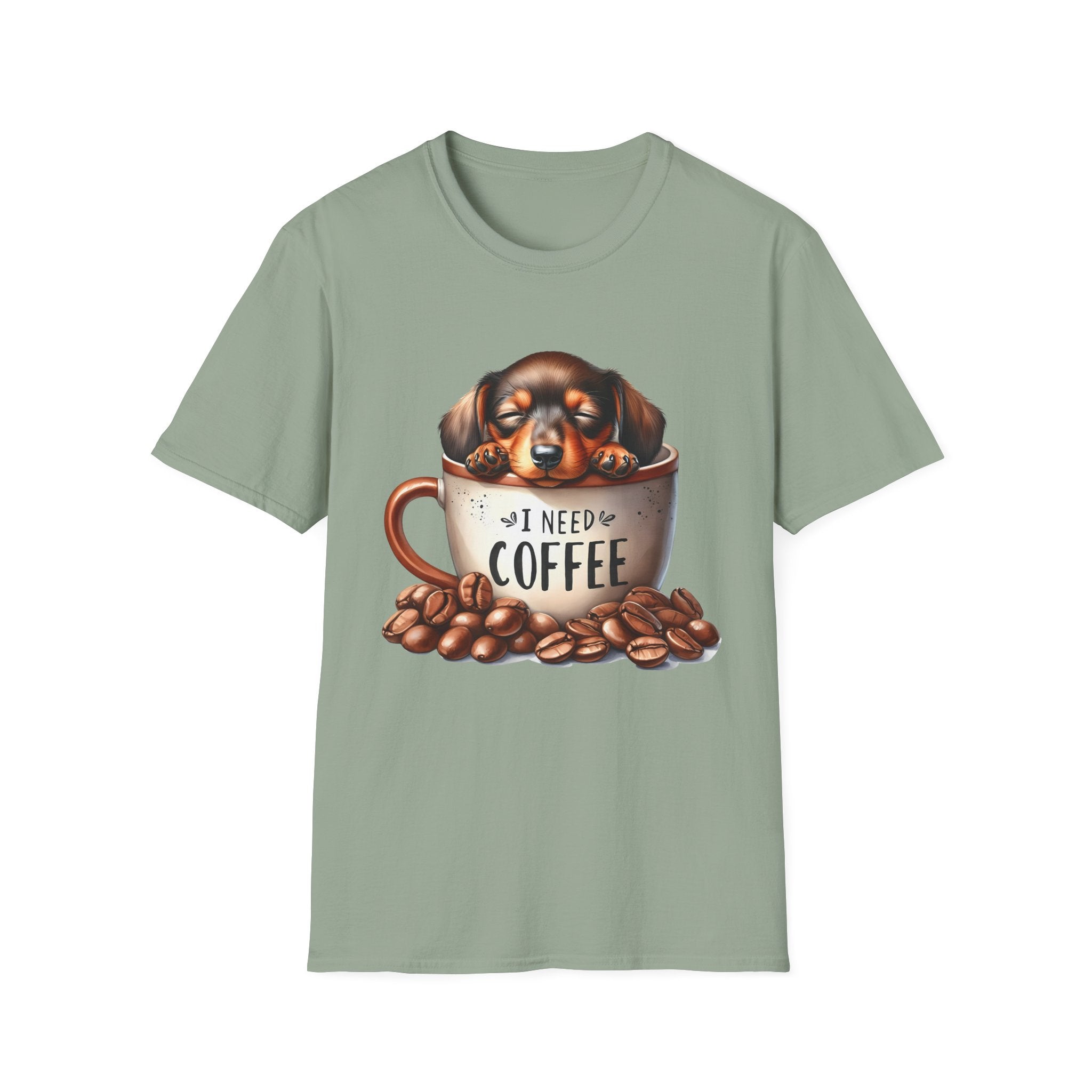 Sleepy Dachshund in Coffee Cup T-Shirt | I Need Coffee, Coffee Beans
