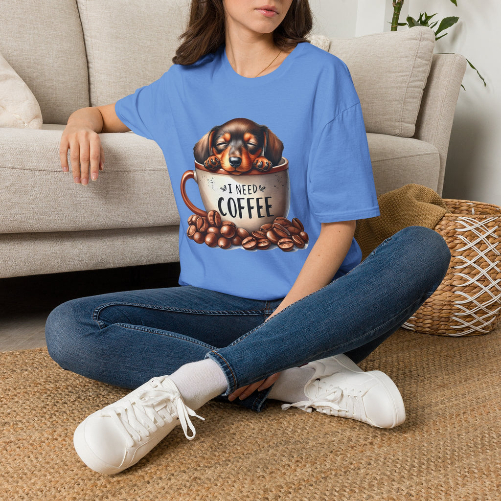Sleepy Dachshund in Coffee Cup T-Shirt | I Need Coffee, Coffee Beans