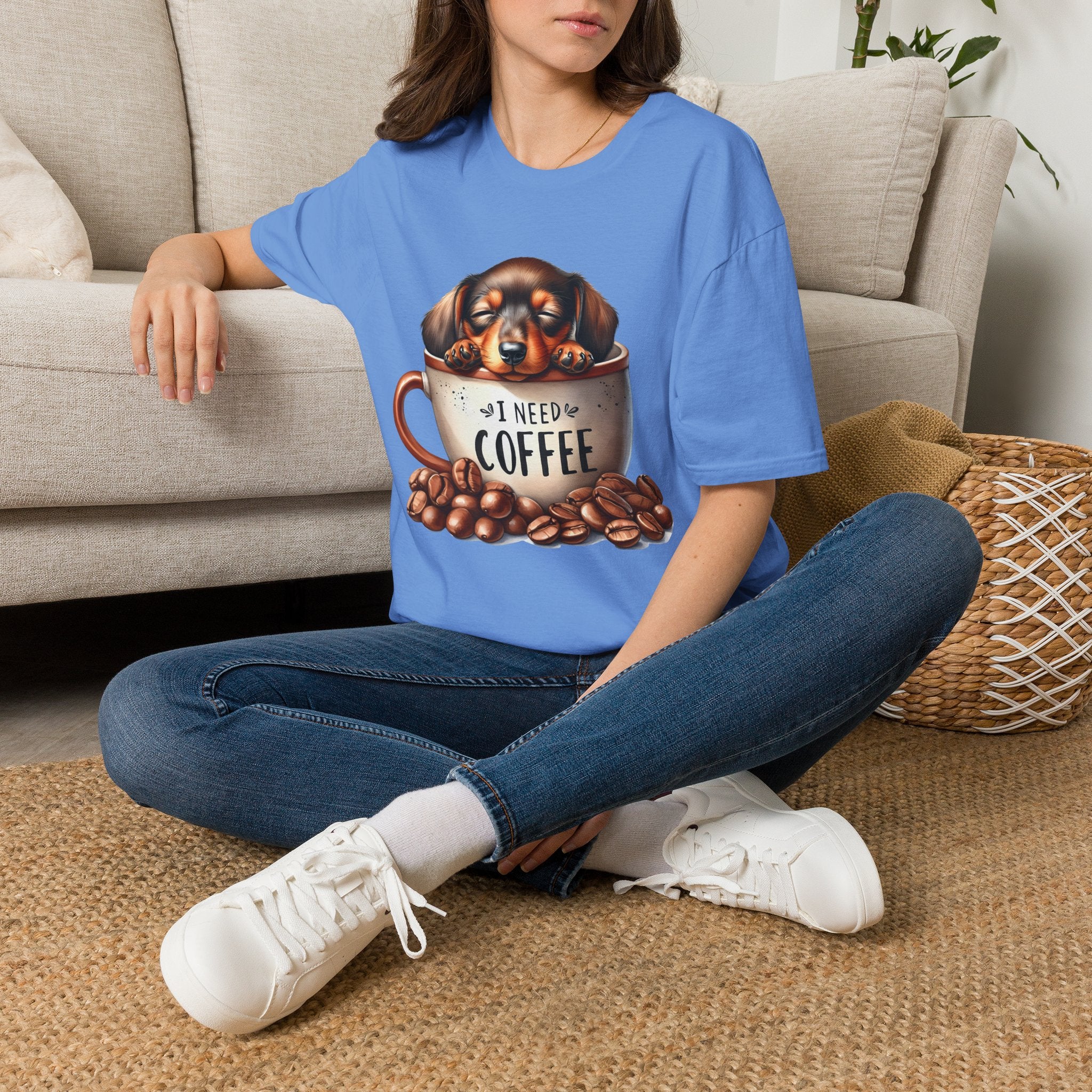 Sleepy Dachshund in Coffee Cup T-Shirt | I Need Coffee, Coffee Beans