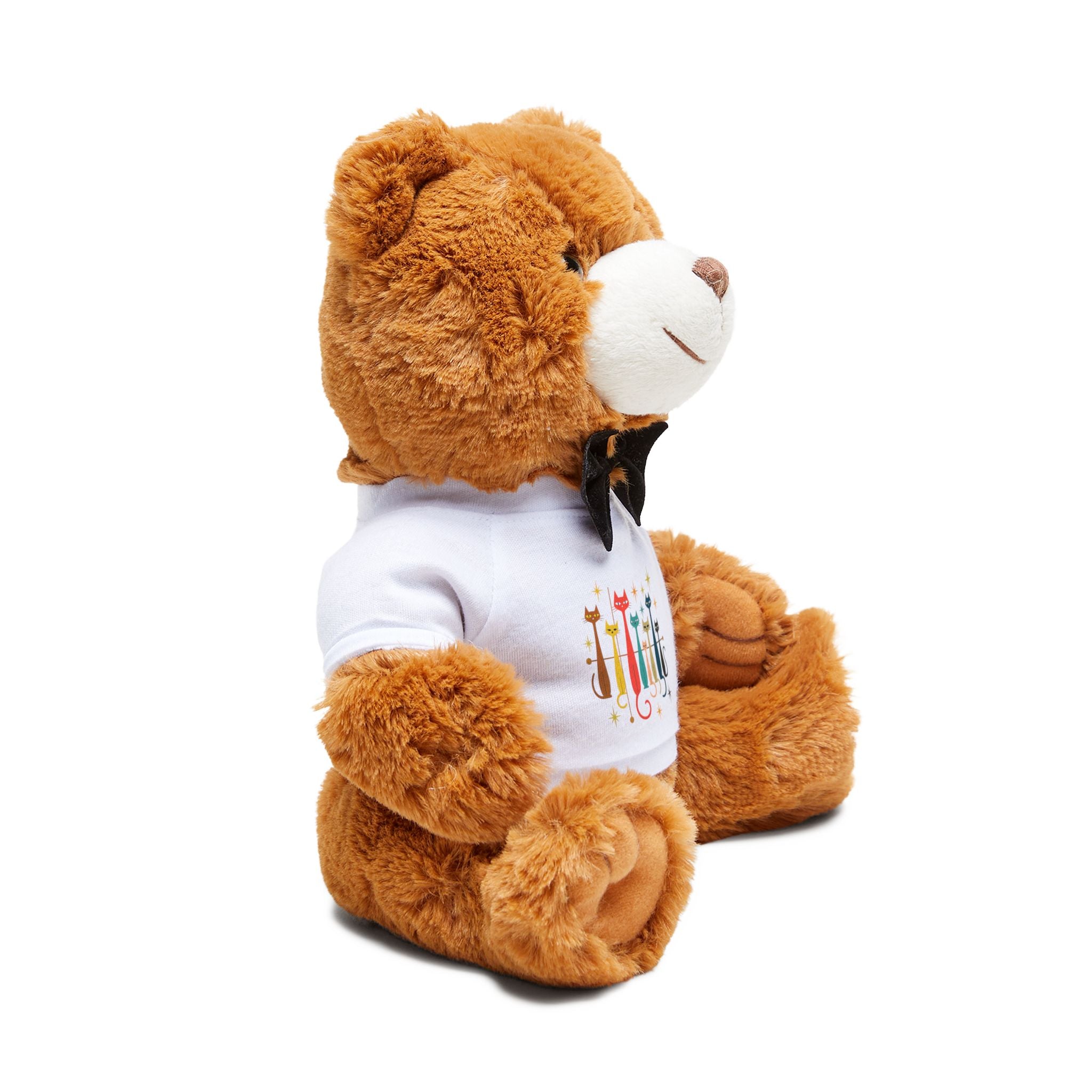 Here Kitty Kitty Colorful Cat Row Teddy Bear, Plush Bear with Printed T-Shirt