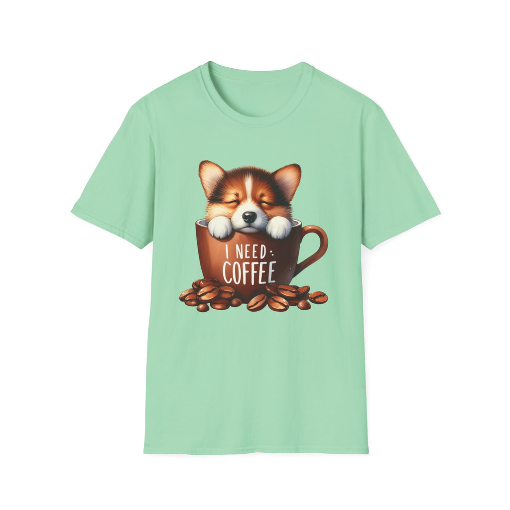 Sleeping Puppy in Coffee Cup T-Shirt | I Need Coffee, Cute Corgi Mug