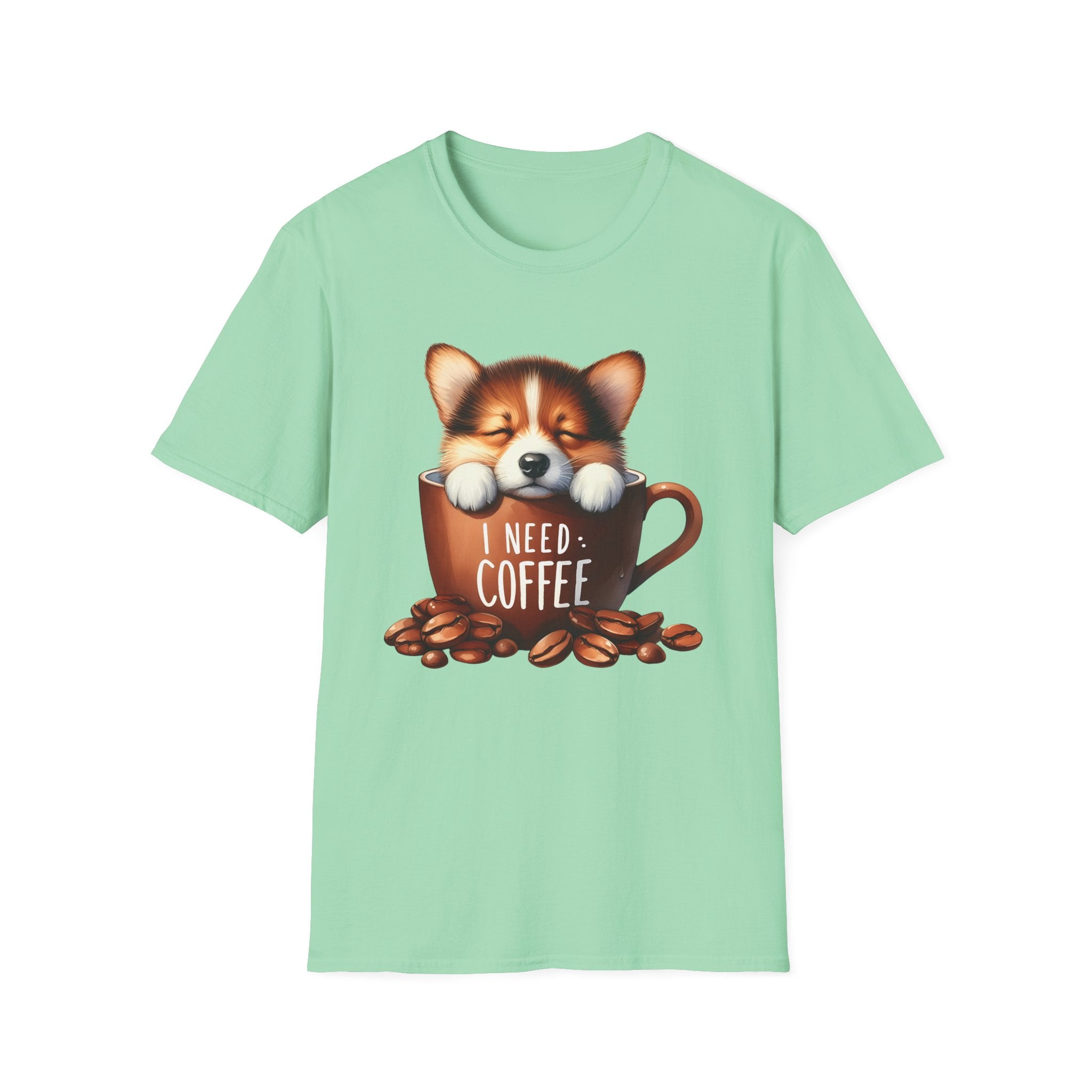 Sleeping Puppy in Coffee Cup T-Shirt | I Need Coffee, Cute Corgi Mug
