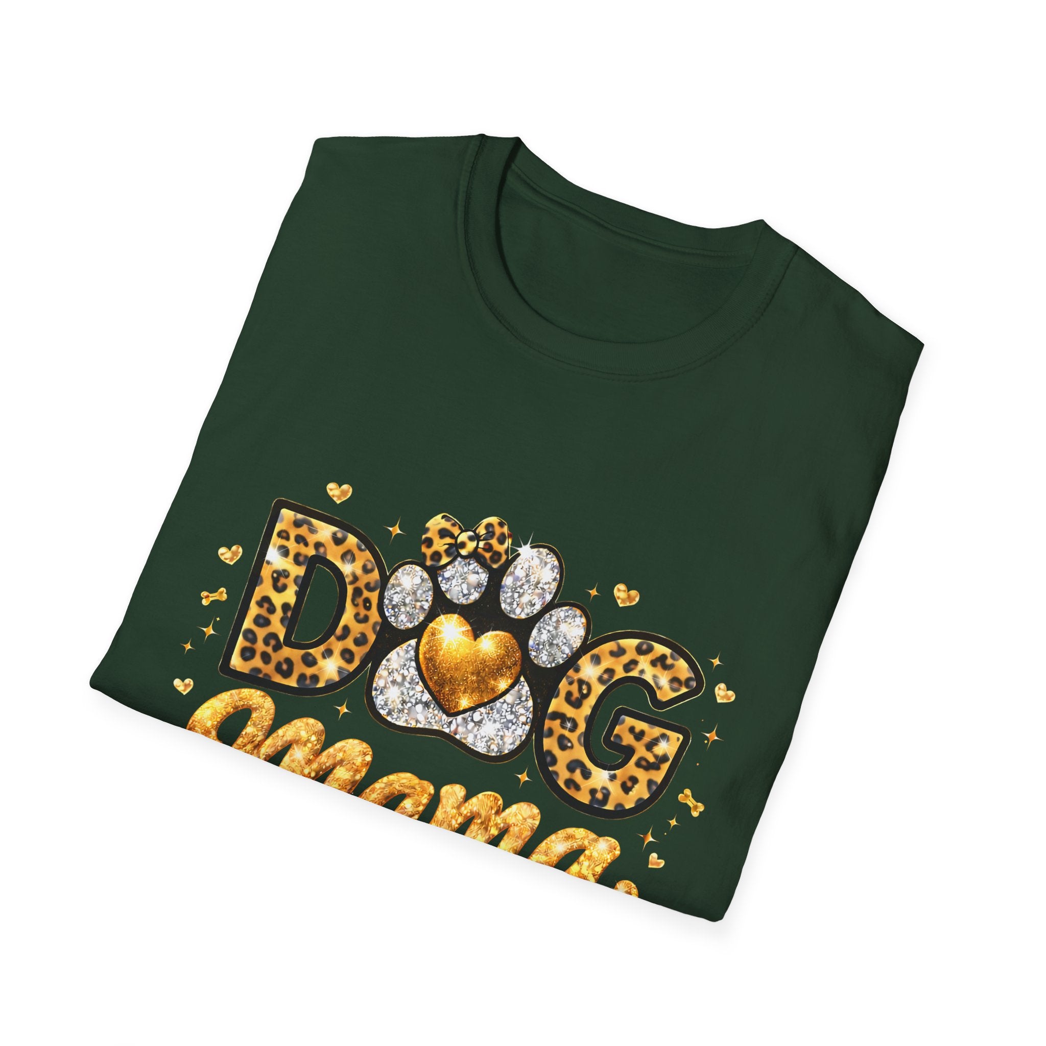 Dog Mama T-Shirt | Leopard Heart Paw Print, Gold Glitter Script