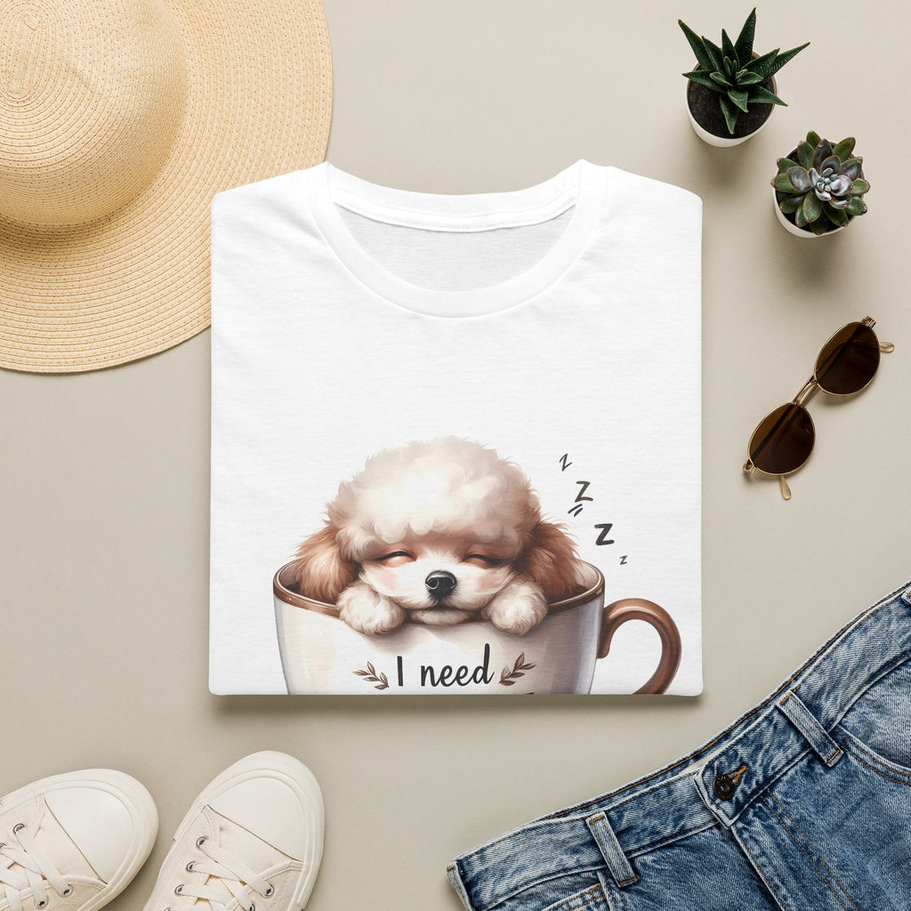 Sleeping Puppy in Coffee Cup T-Shirt | I Need Coffee Dog Design