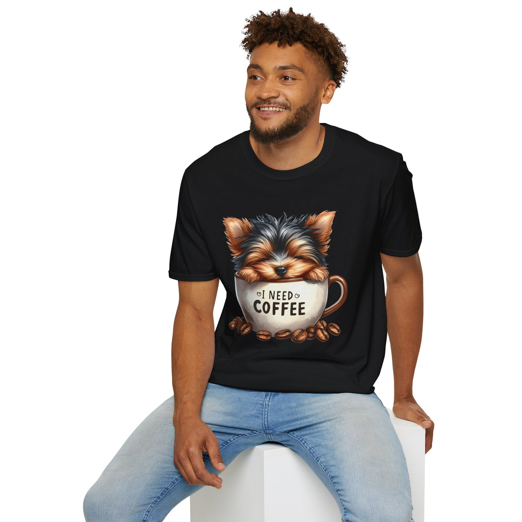 Cute Yorkie in Coffee Cup T-Shirt | I Need Coffee Puppy Graphic Tee