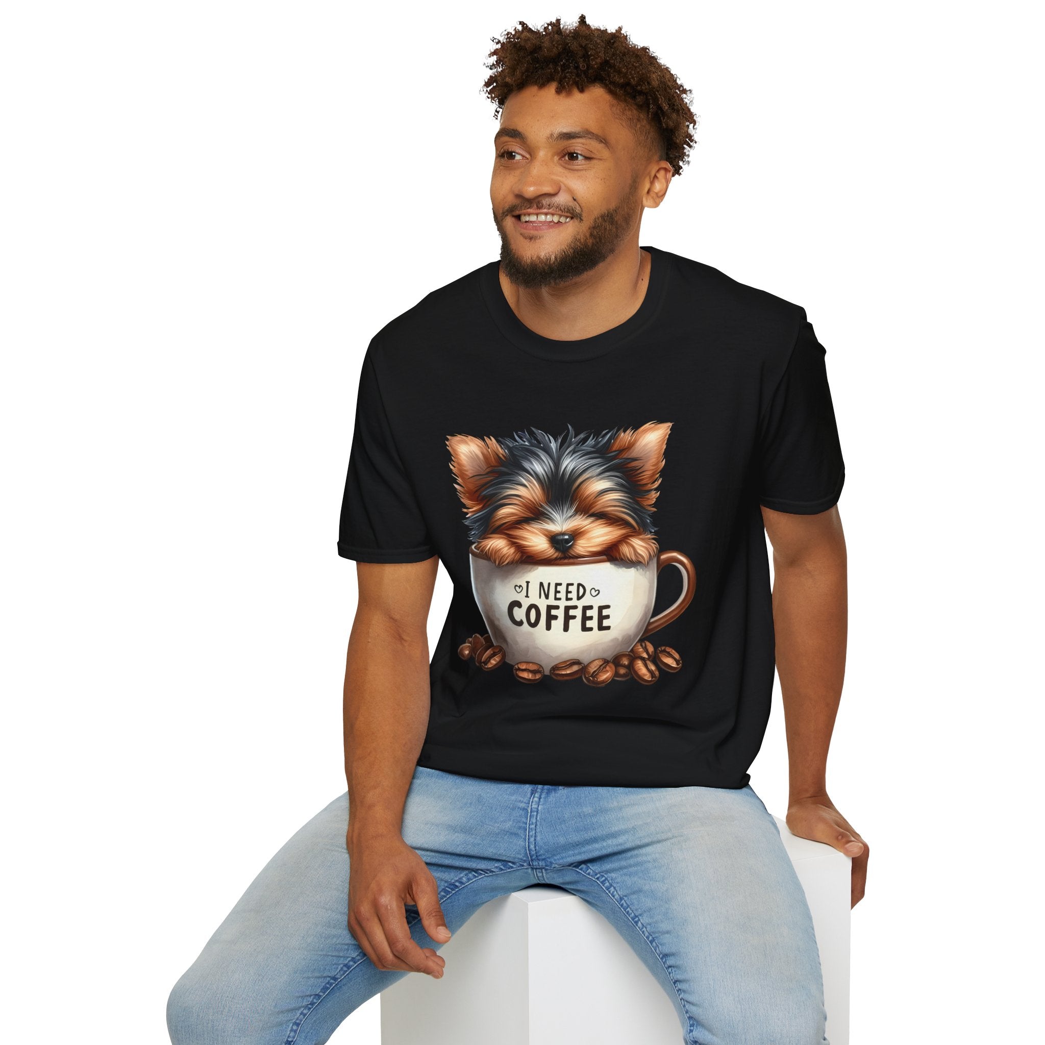Cute Yorkie in Coffee Cup T-Shirt | I Need Coffee Puppy Graphic Tee
