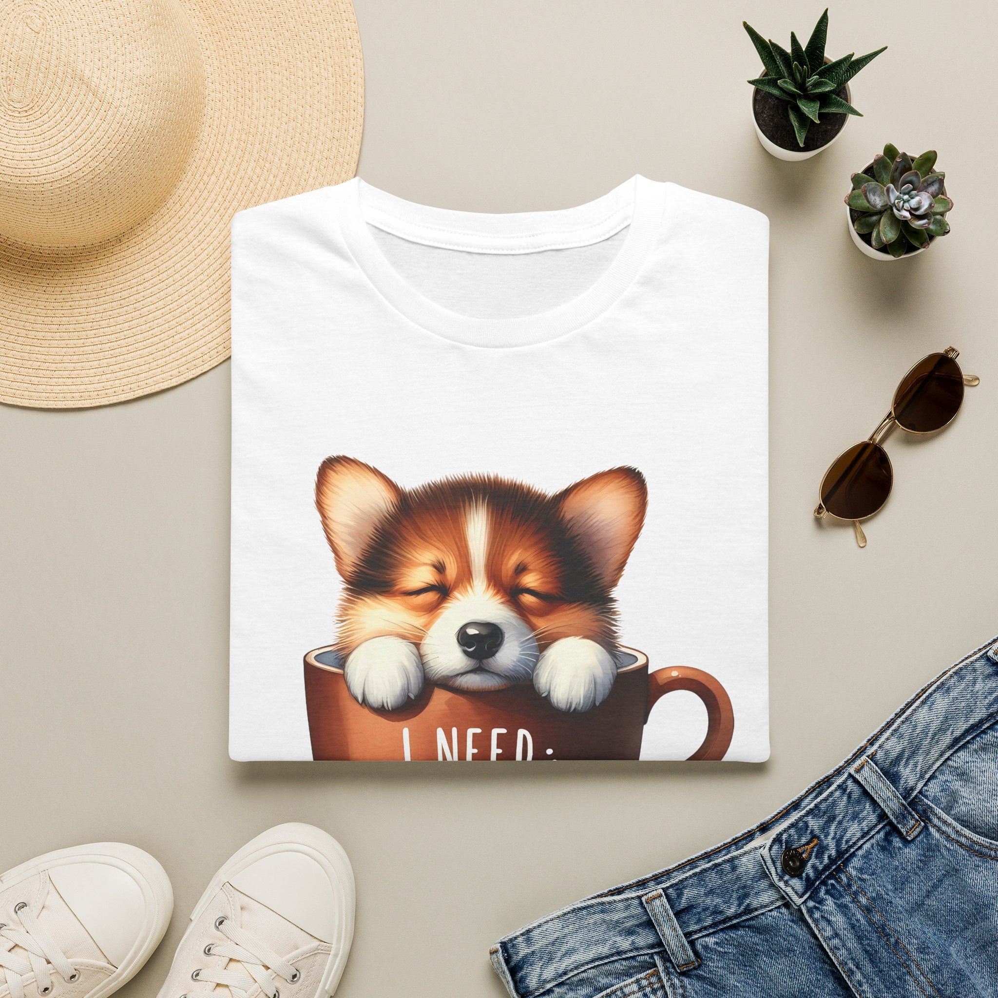 Sleeping Puppy in Coffee Cup T-Shirt | I Need Coffee, Cute Corgi Mug