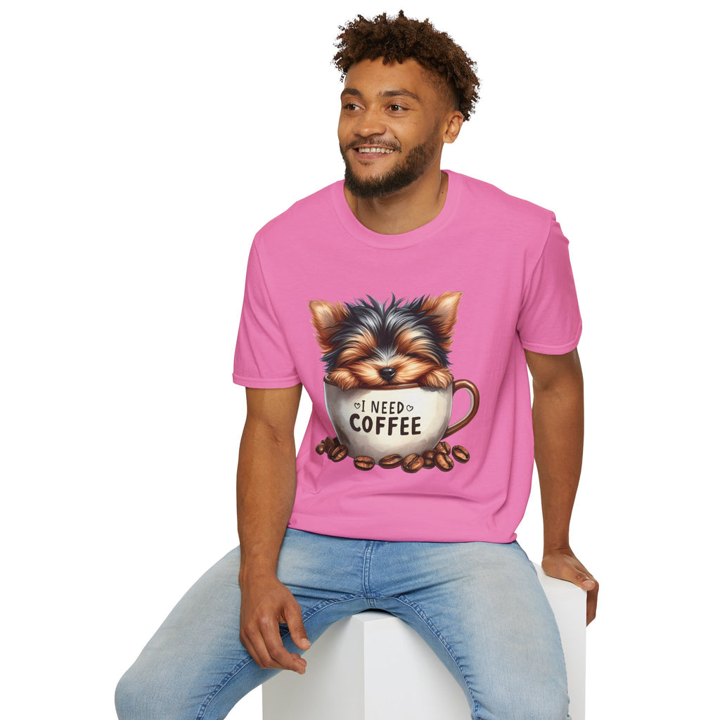 Cute Yorkie in Coffee Cup T-Shirt | I Need Coffee Puppy Graphic Tee
